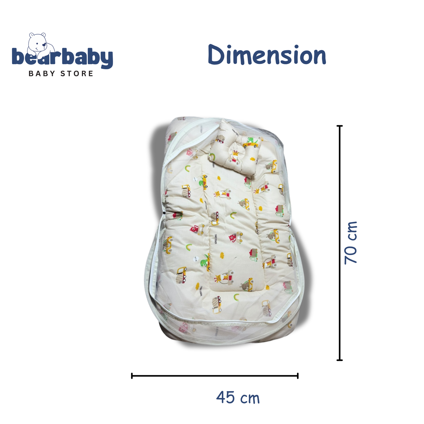 Baby Bed with Thick Mattress & Mosquito Net & Neck Pillowwith Zip Closure-Animal Print