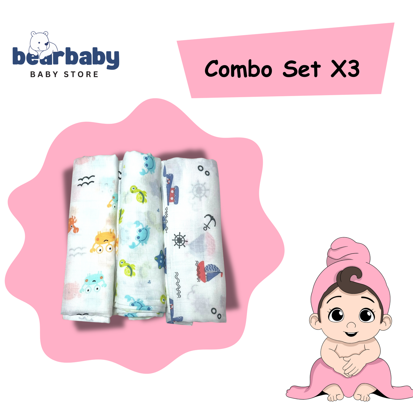Muslin Soft Cotton Swaddle/Baby Wrapper-Size 100cm*100cm-Combo Pack of 3-Assorted Prints1