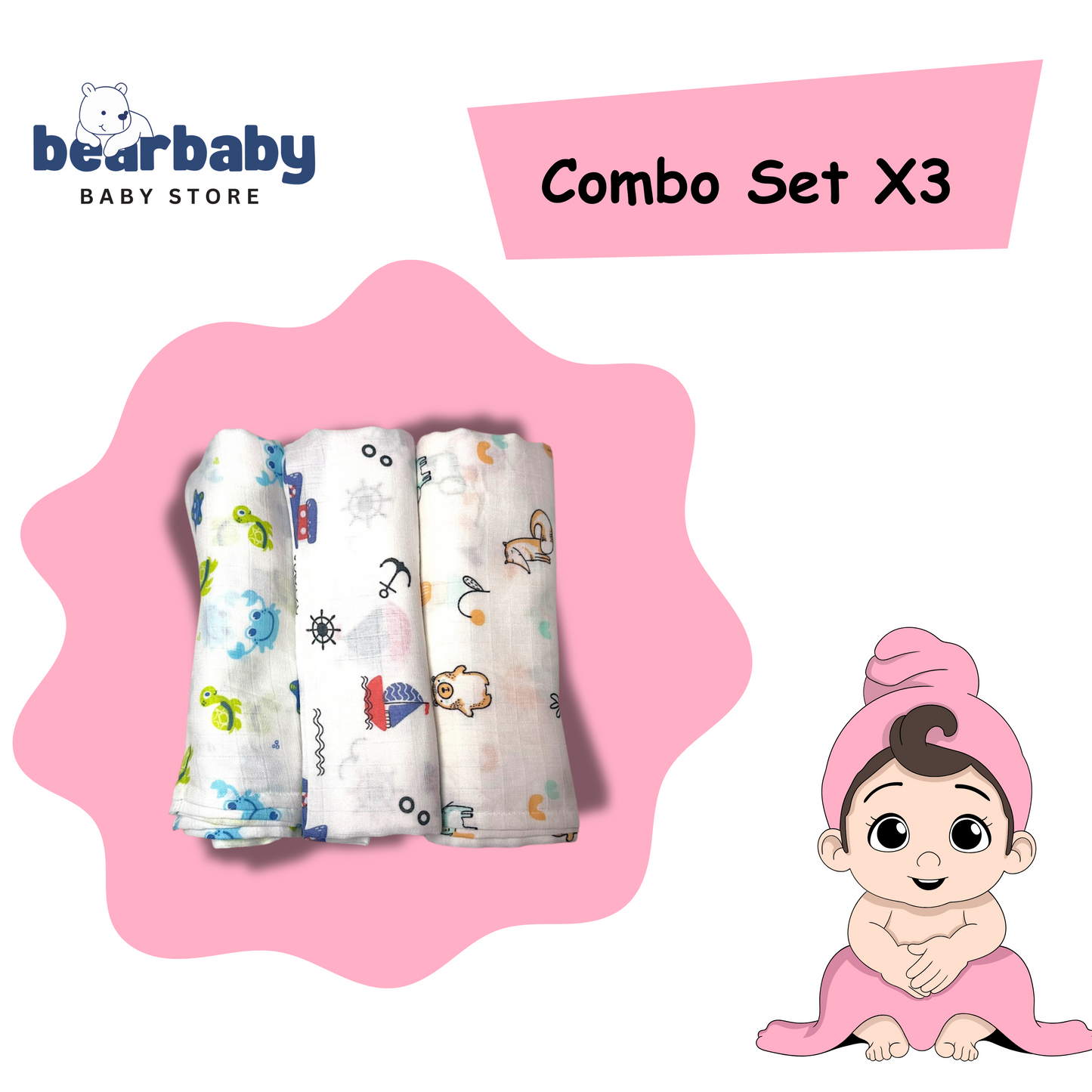 Muslin Soft Cotton Swaddle/Baby Wrapper-Size 100cm*100cm-Combo Pack of 3-Assorted Prints2