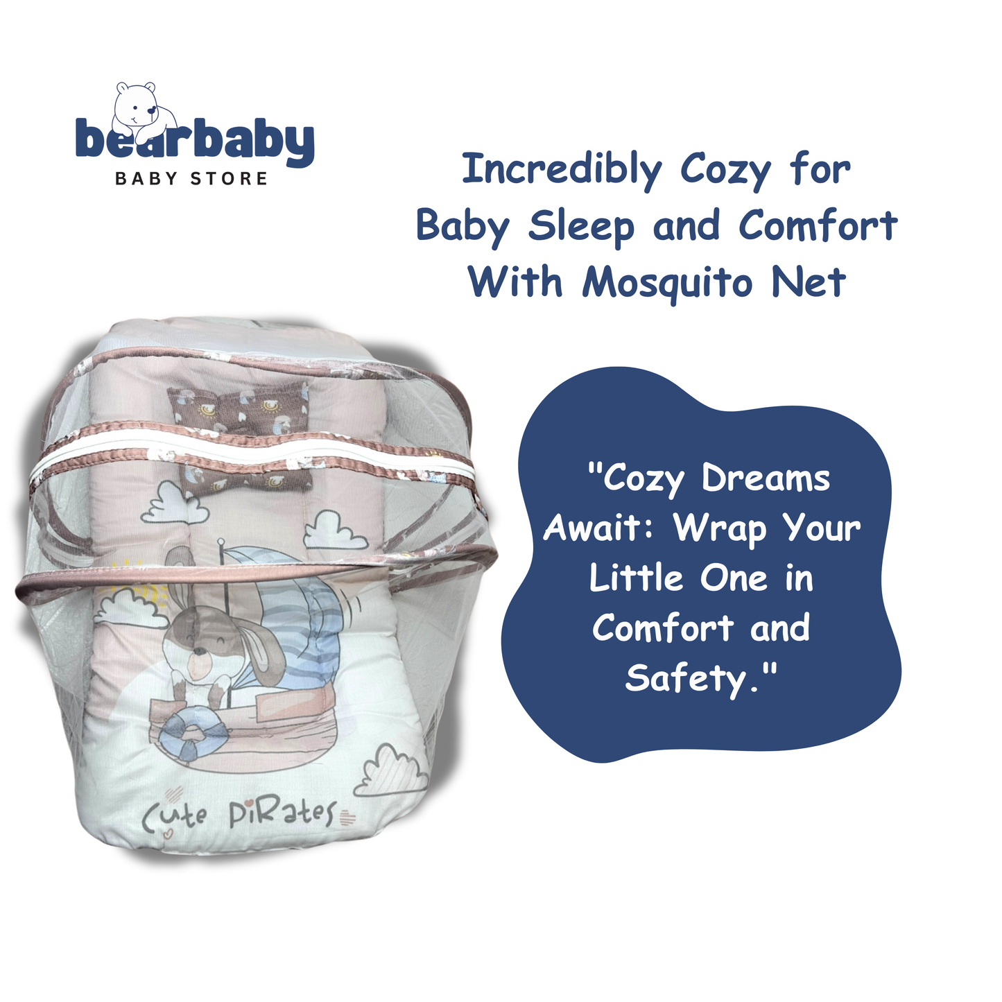 Baby Bed with Thick Mattress & Mosquito Net & Neck Pillowwith Zip Closure-Back to School