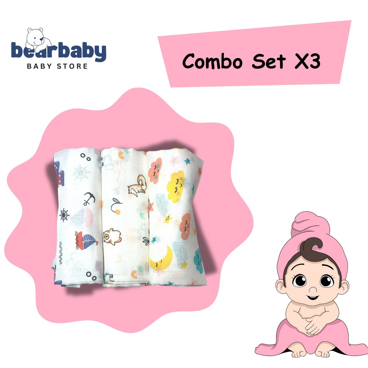 Muslin Soft Cotton Swaddle/Baby Wrapper-Size 100cm*100cm-Combo Pack of 3-Assorted Prints3