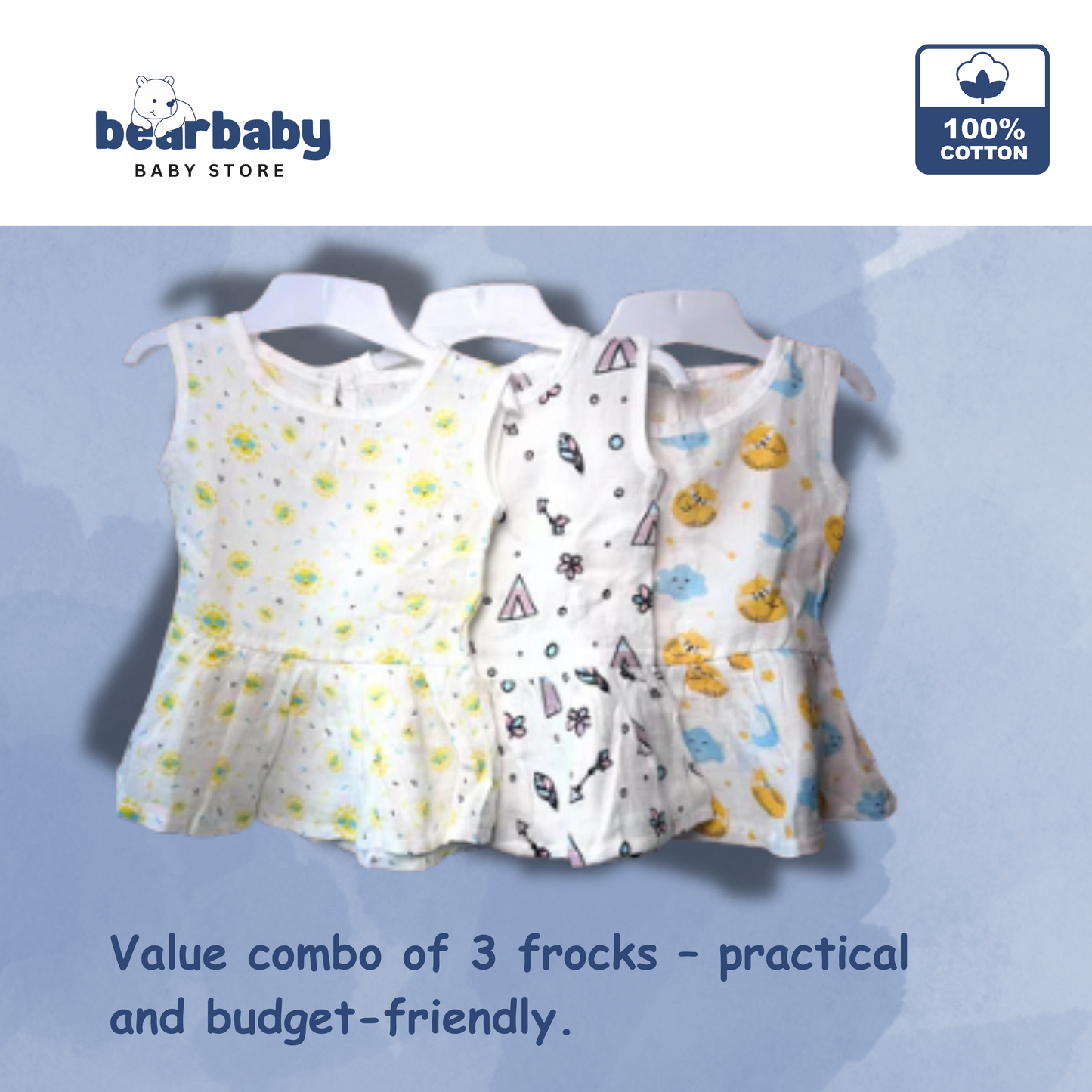 Baby Girl Organic Cotton Sleeveless Frock-Size(3M-6M)-Pack of 3-Assorted Prints 3