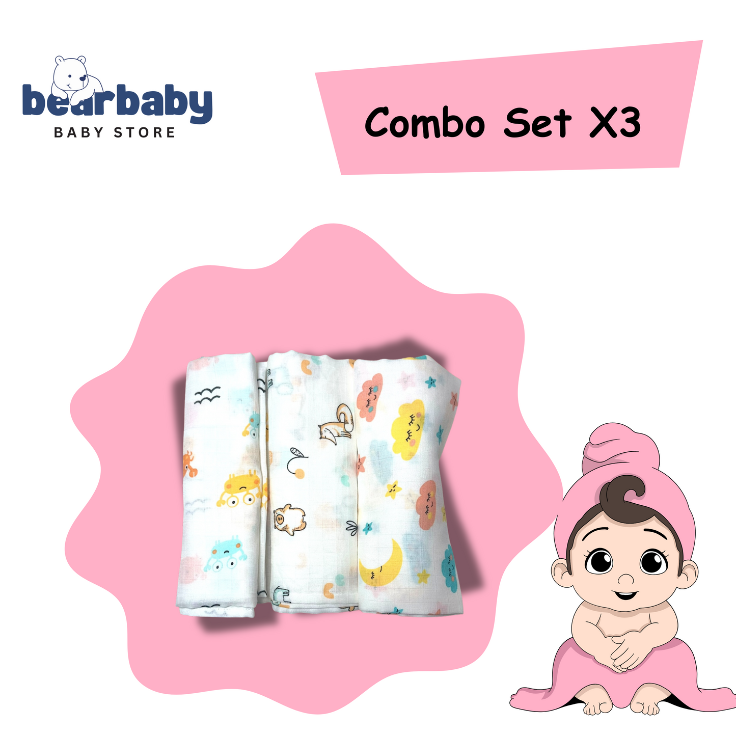 Muslin Soft Cotton Swaddle/Baby Wrapper-Size 100cm*100cm-Combo Pack of 3-Assorted Prints4