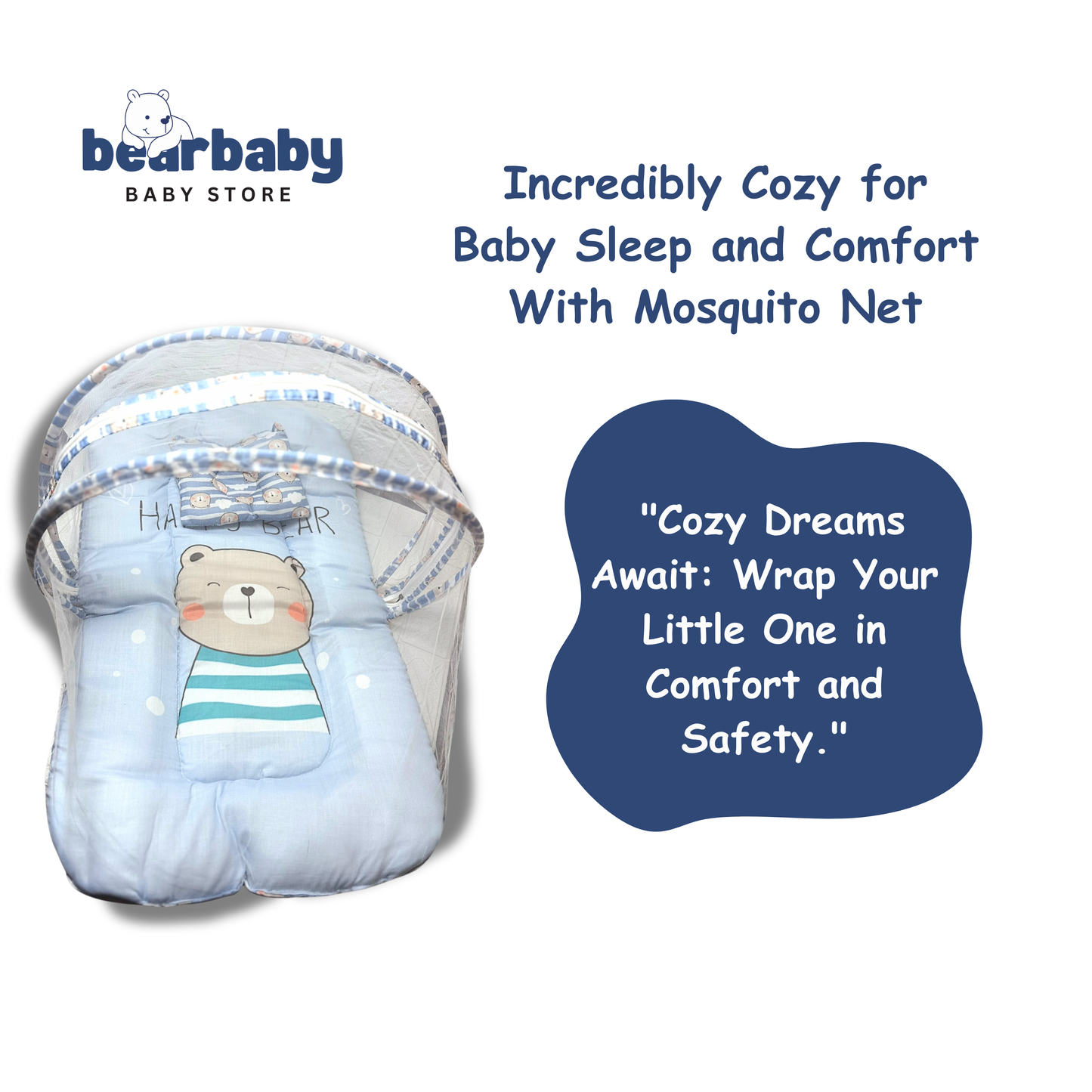 Baby Bed with Thick Mattress & Mosquito Net & Neck Pillowwith Zip Closure-Happy Bear