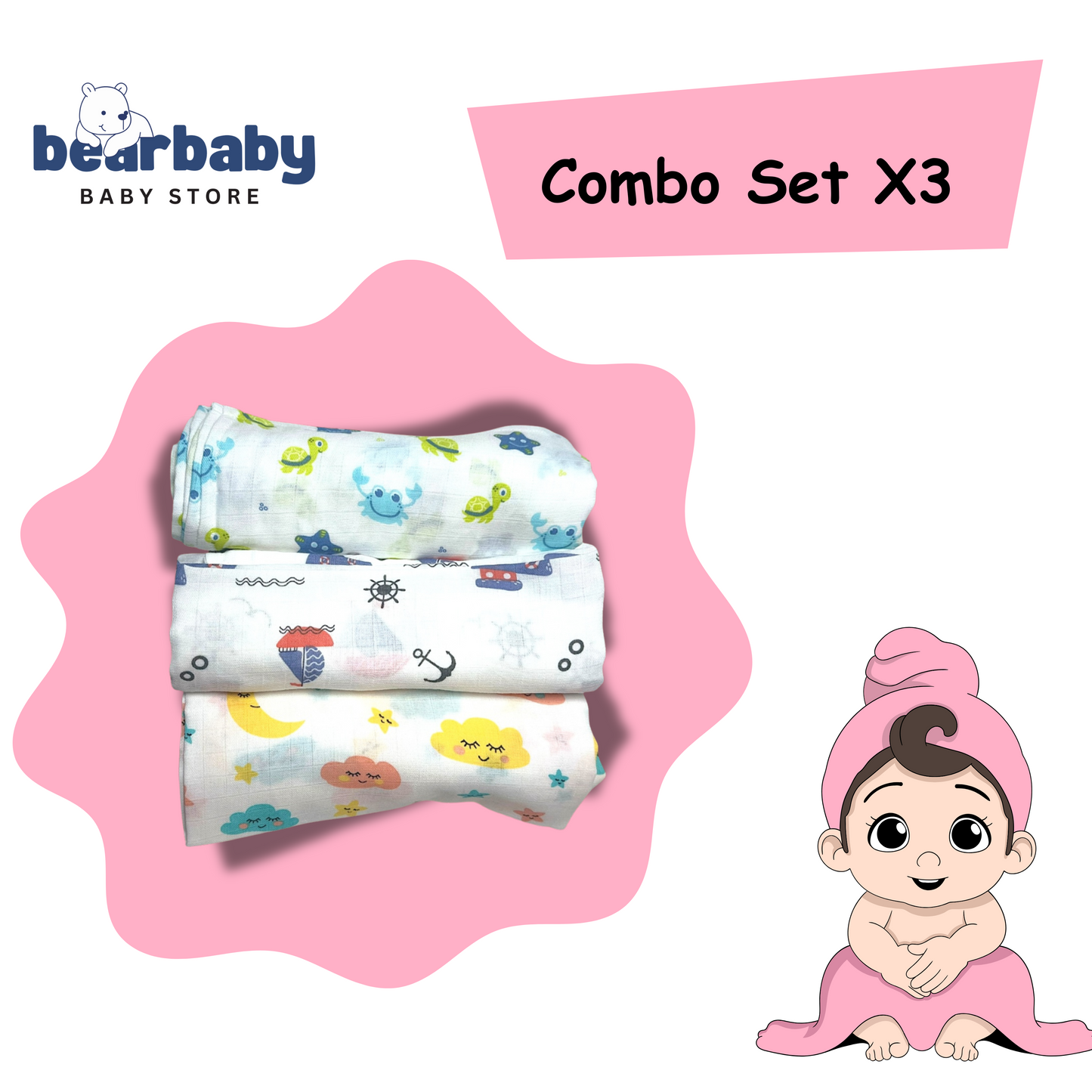 Muslin Soft Cotton Swaddle/Baby Wrapper-Size 100cm*100cm-Combo Pack of 3-Assorted Prints5