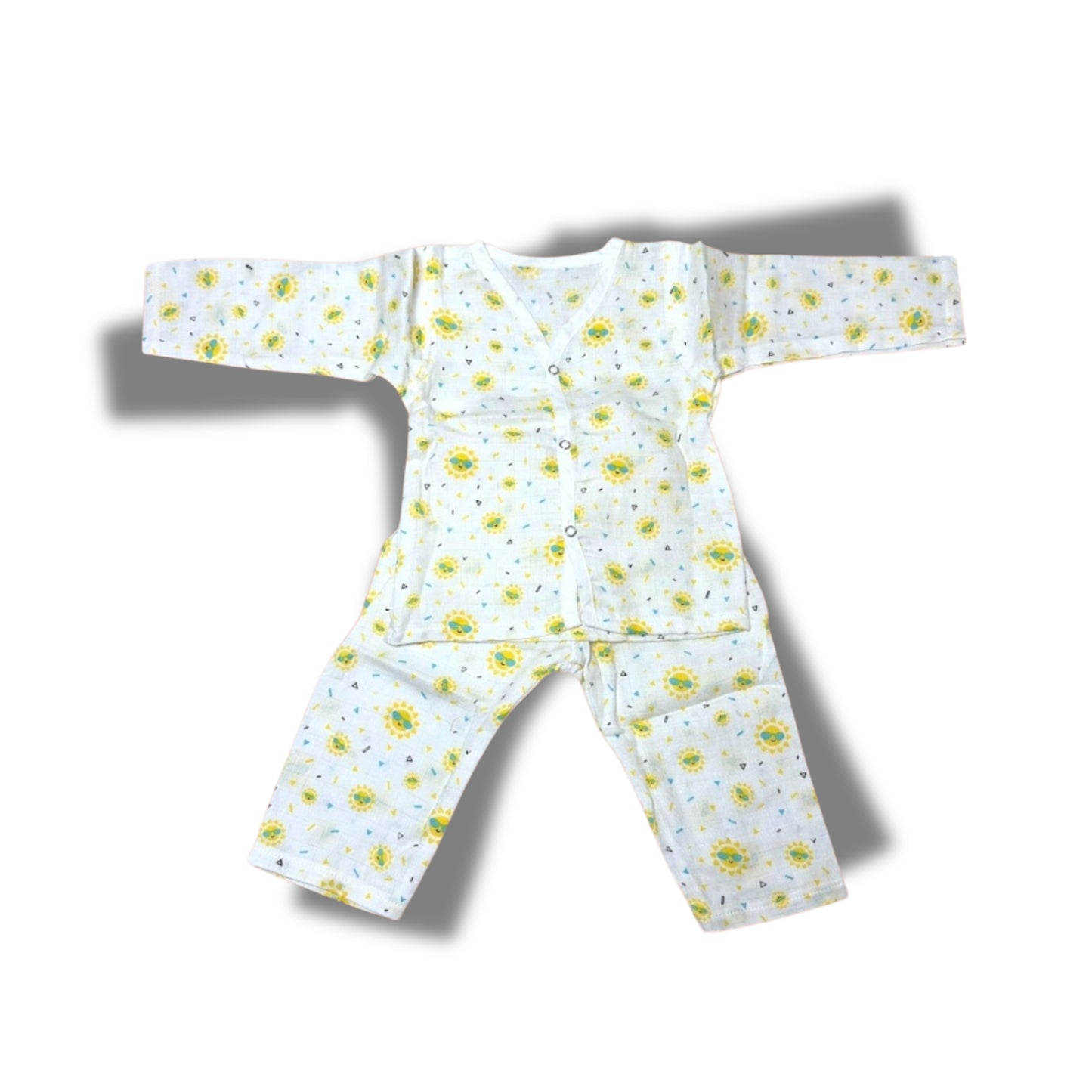 Baby Unisex Organic Cotton Muslin Full Sleeves Jhabla & Payjama Set - Size 6m-9m-Sun Print