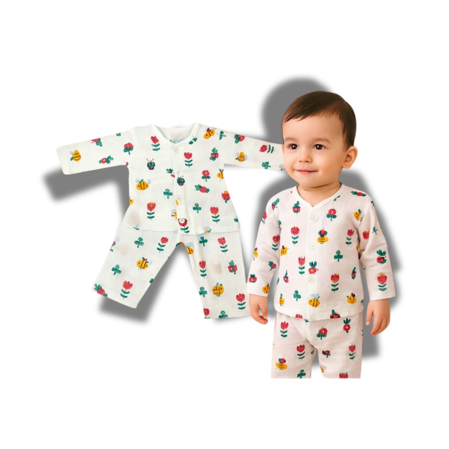 Baby Unisex Organic Cotton Muslin Full Sleeves Jhabla & Payjama Set - Size 6m-9m-Bee Print