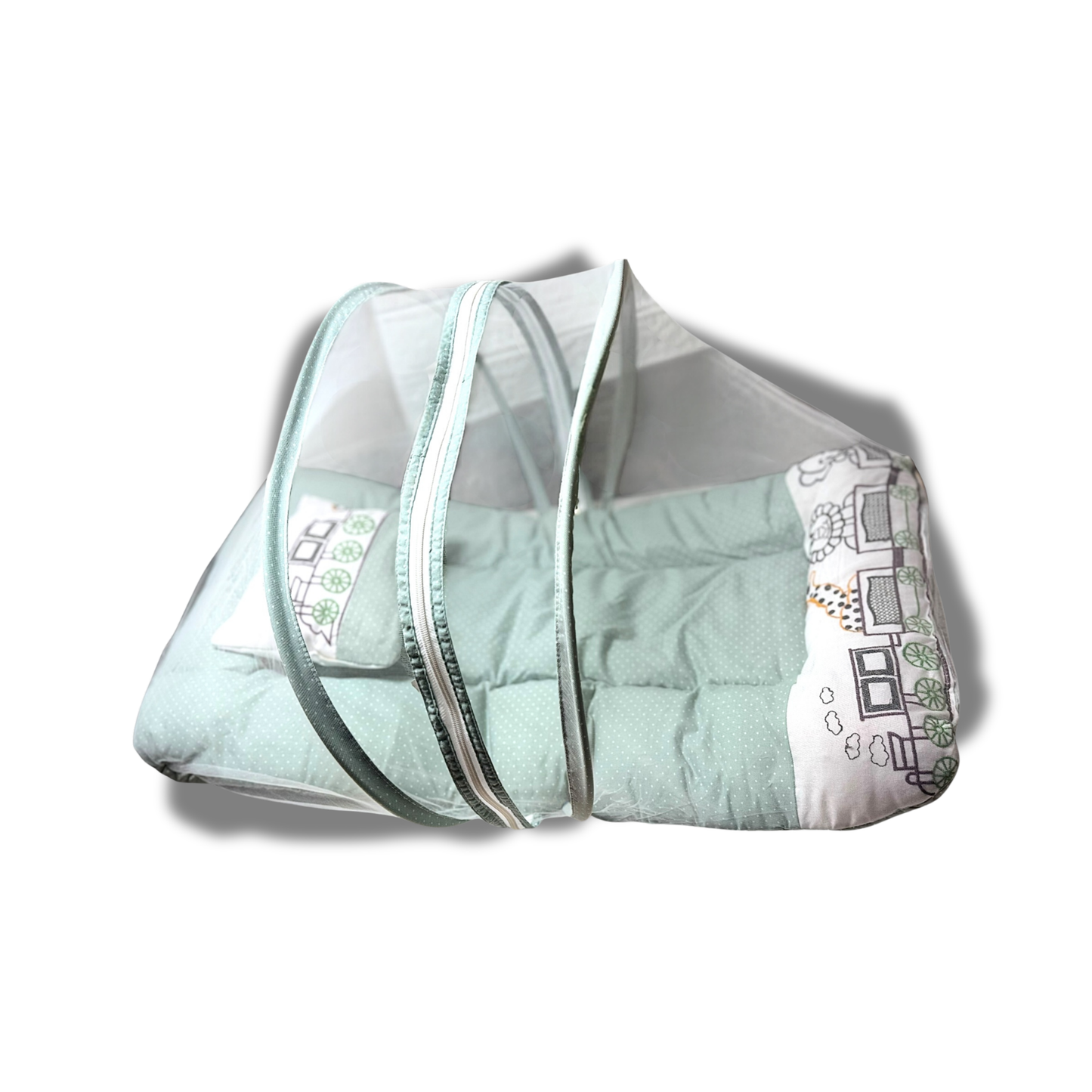 Premium EmbroideryBaby Bed with Thick Mattress & Mosquito Net & Neck Pillowwith Zip Closure