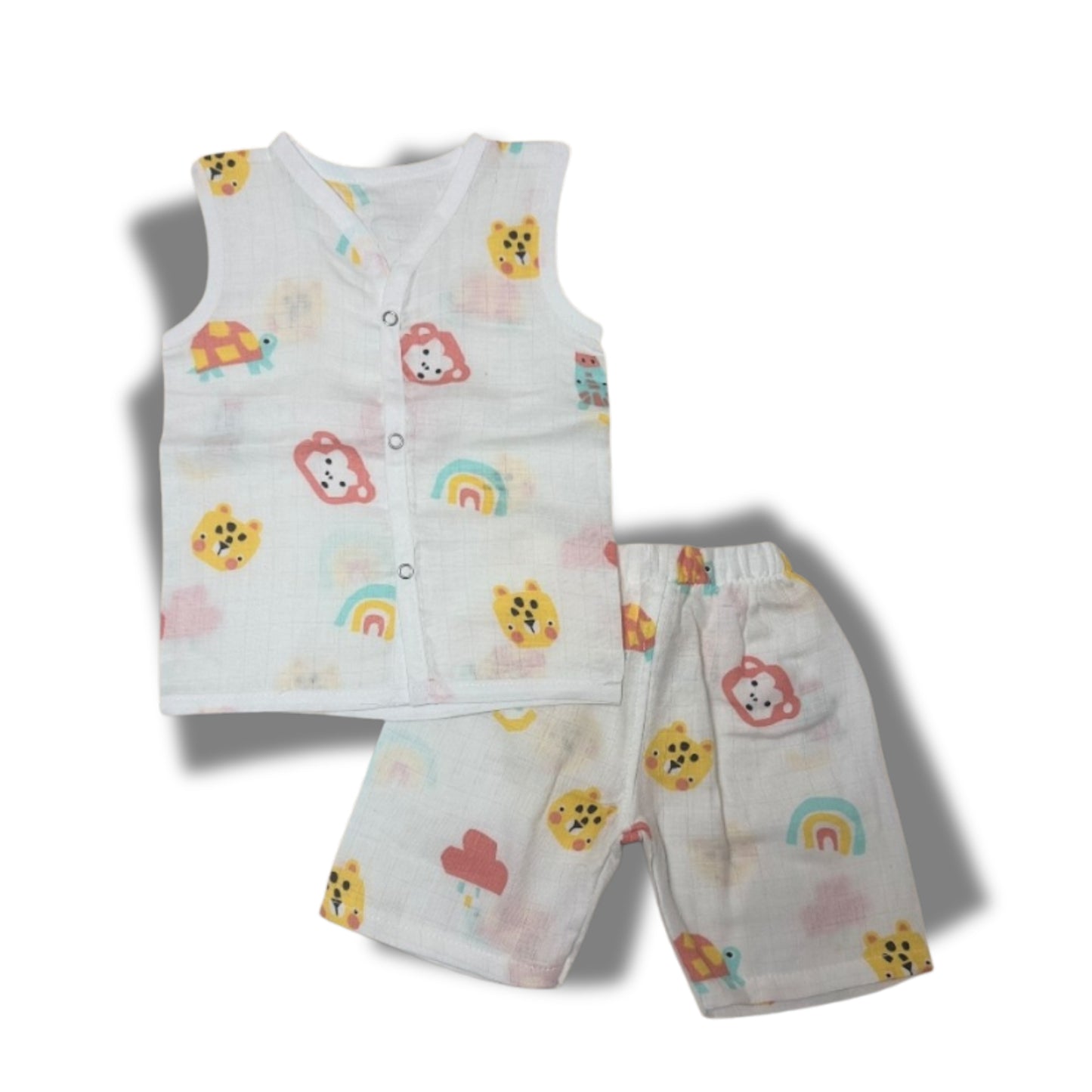 Baby Unisex Organic Cotton Muslin Sleevless Jhabla & Payjama Set - Size 3m-6m-Monkey Print