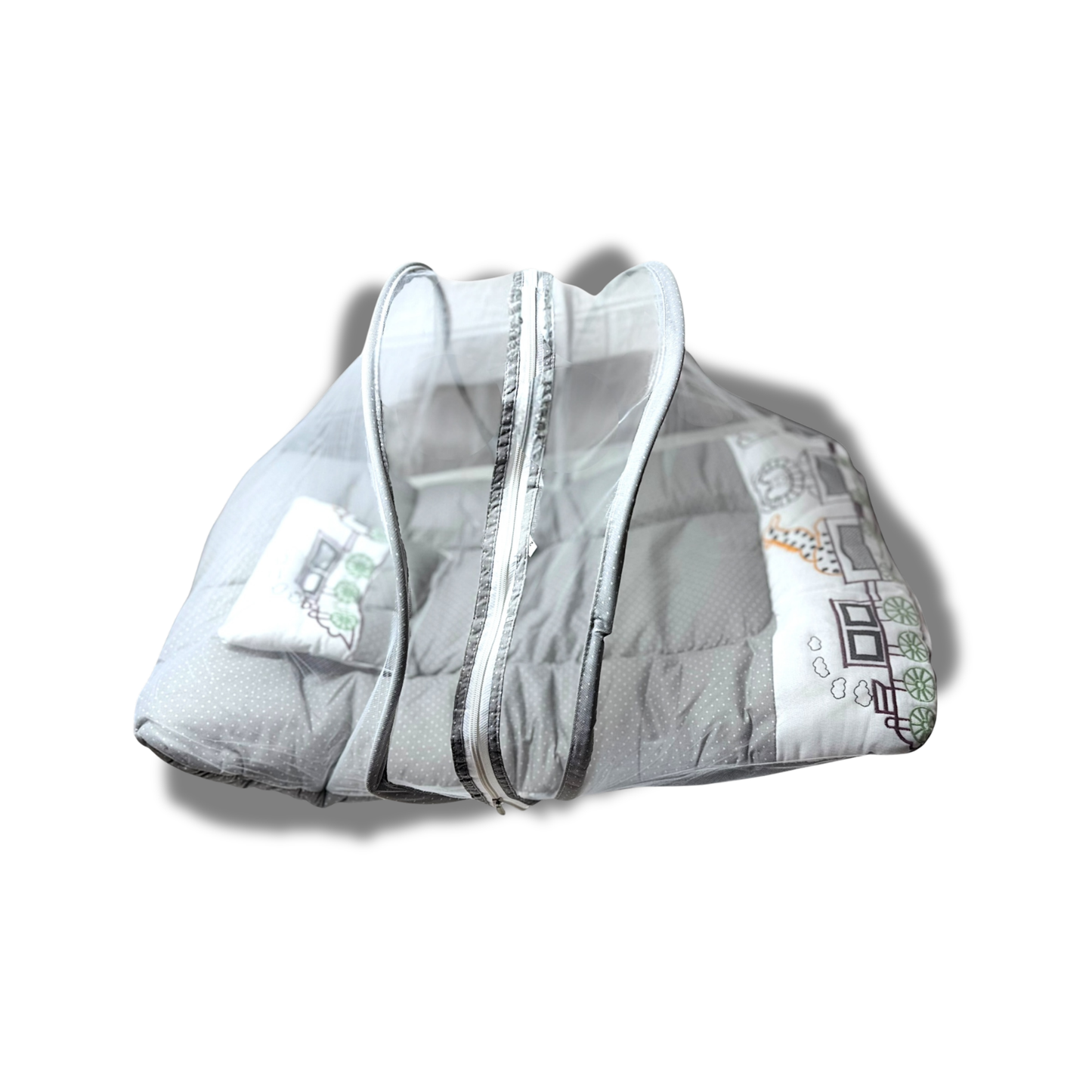 Premium EmbroideryBaby Bed with Thick Mattress & Mosquito Net & Neck Pillowwith Zip Closure