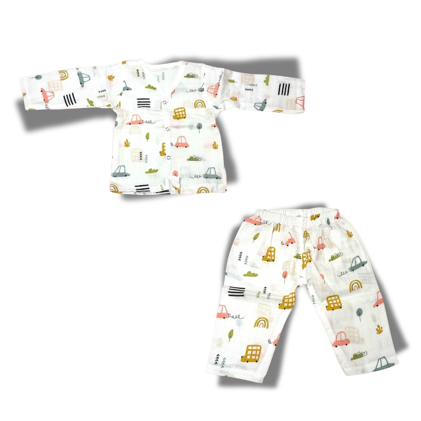 Baby Unisex Organic Cotton Muslin Full Sleeves Jhabla & Payjama Set - Size 6m-9m-Car Print
