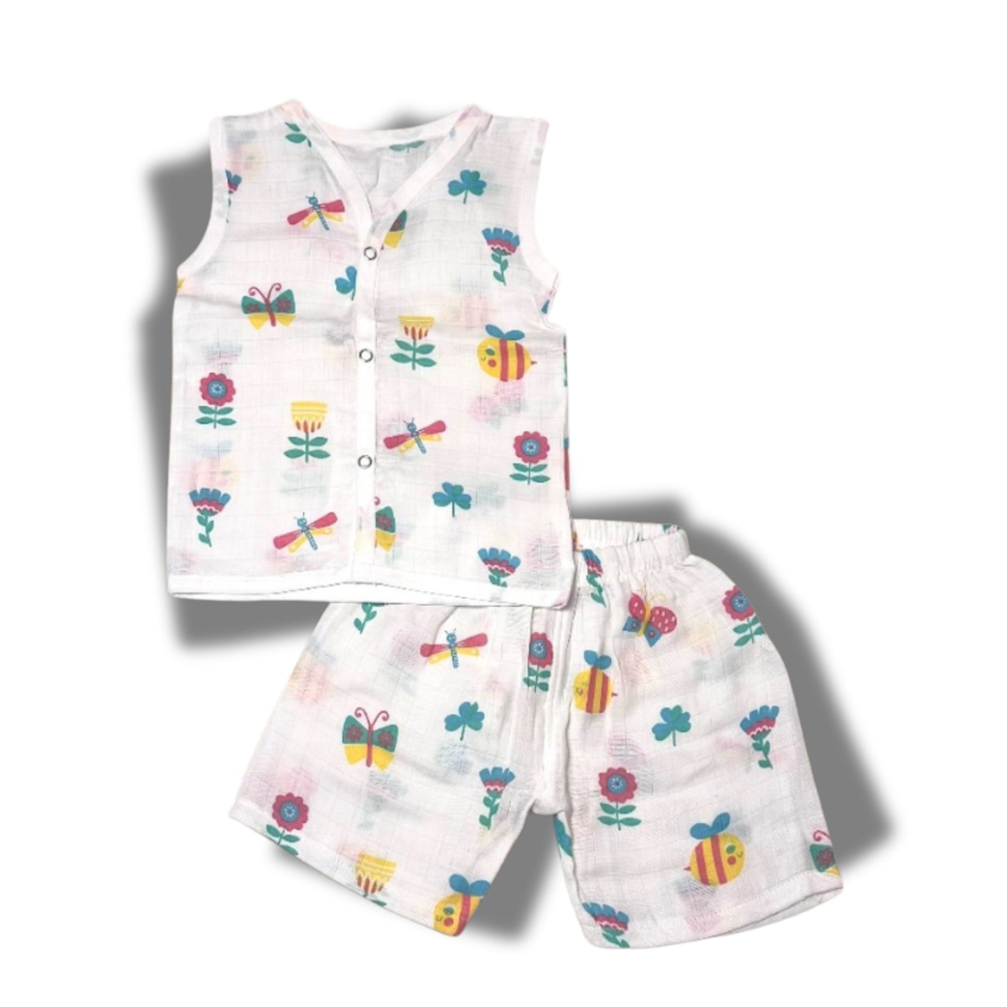 Baby Unisex Organic Cotton Muslin Sleevless Jhabla & Payjama Set - Size 3m-6m- Bee Print