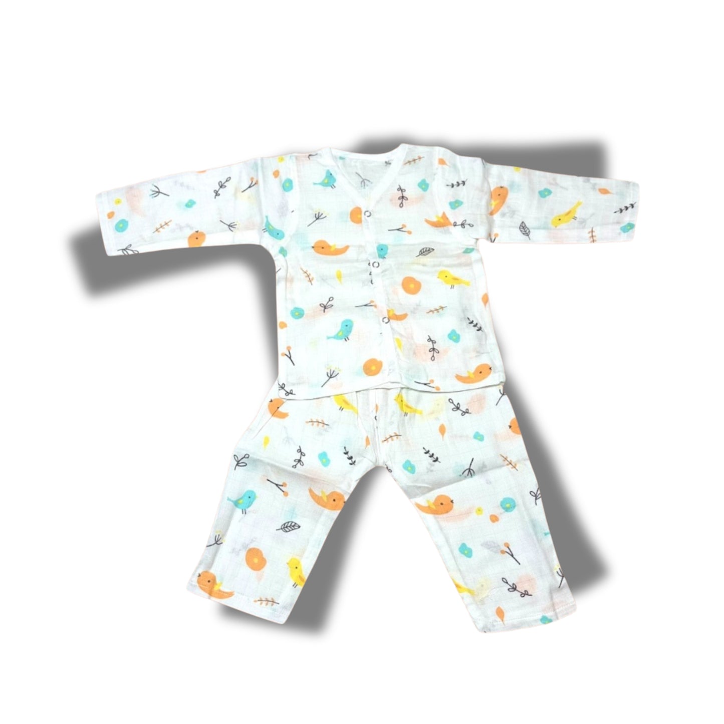Baby Unisex Organic Cotton Muslin Full Sleeves Jhabla & Payjama Set - Size 9m-12m-Bird Print