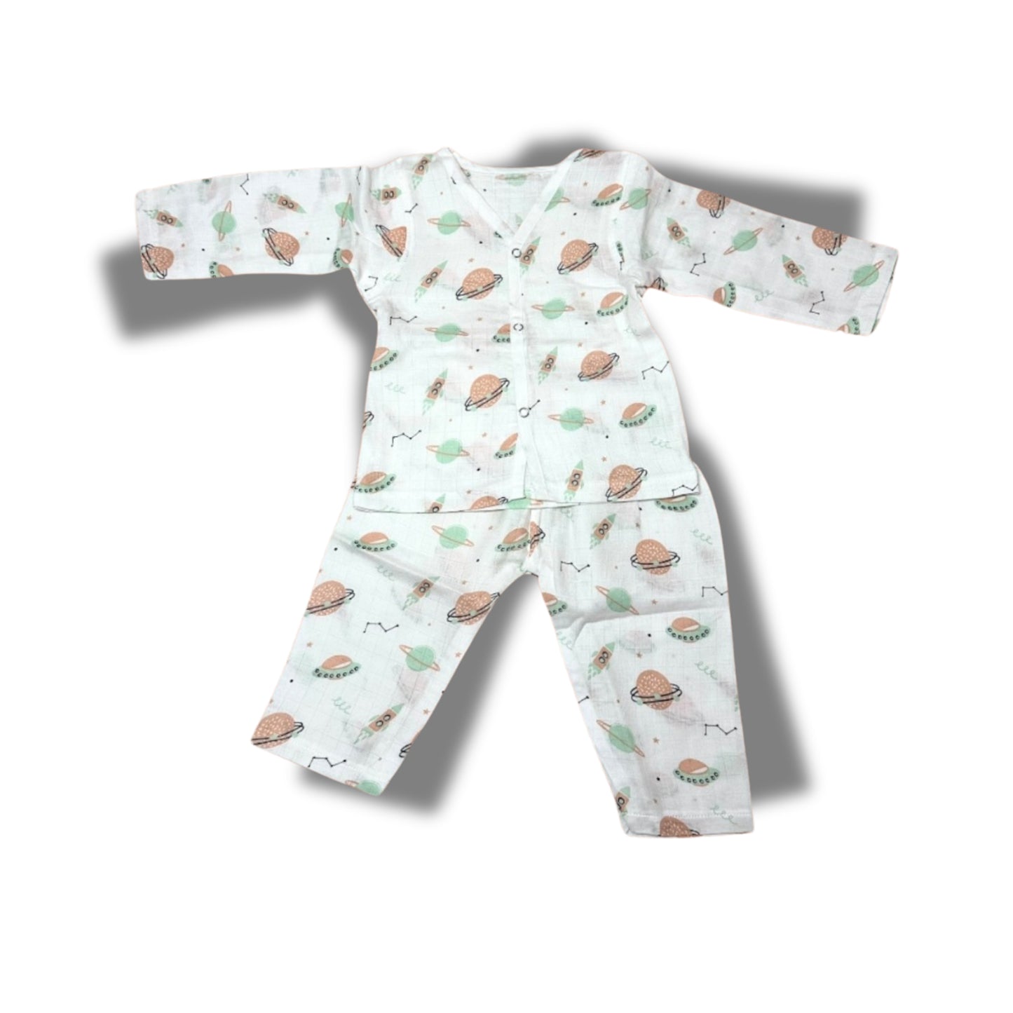 Baby Unisex Organic Cotton Muslin Full Sleeves Jhabla & Payjama Set - Size 6m-9m-Print2