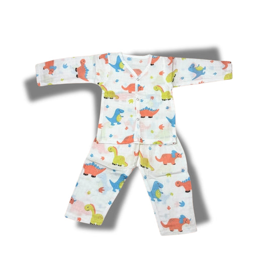 Baby Unisex Organic Cotton Muslin Full Sleeves Jhabla & Payjama Set - Size 9m-12m-Rino Print