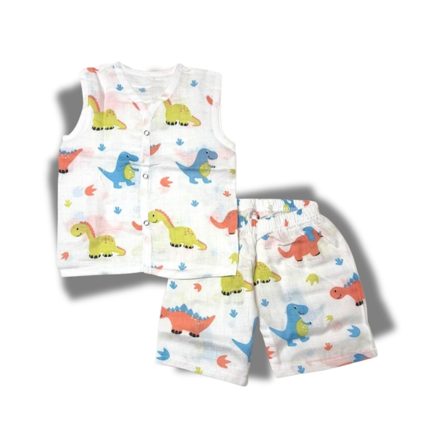 Baby Unisex Organic Cotton Muslin Sleevless Jhabla & Payjama Set - Size 9m-12m-Dino Print