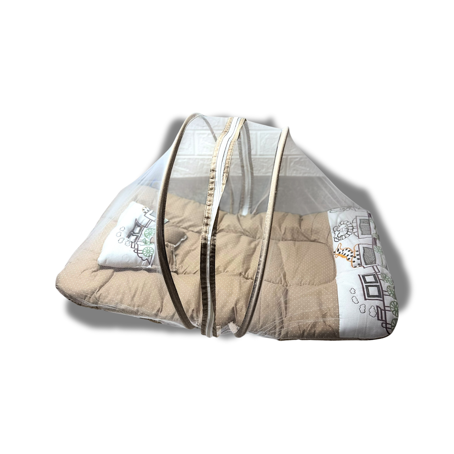 Premium EmbroideryBaby Bed with Thick Mattress & Mosquito Net & Neck Pillowwith Zip Closure