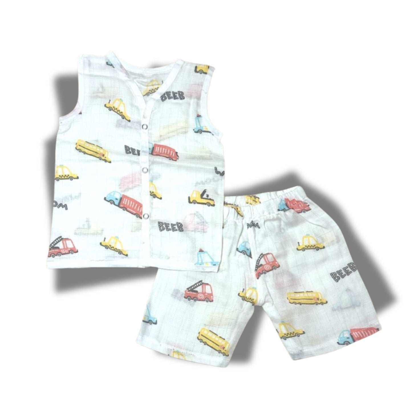 Baby Unisex Organic Cotton Muslin Sleevless Jhabla & Payjama Set - Size 3m-6m-Truck Print