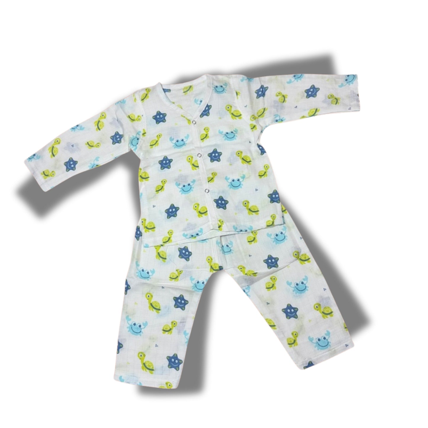 Baby Unisex Organic Cotton Muslin Full Sleeves Jhabla & Payjama Set - Size 9m-12m-Trutle Print