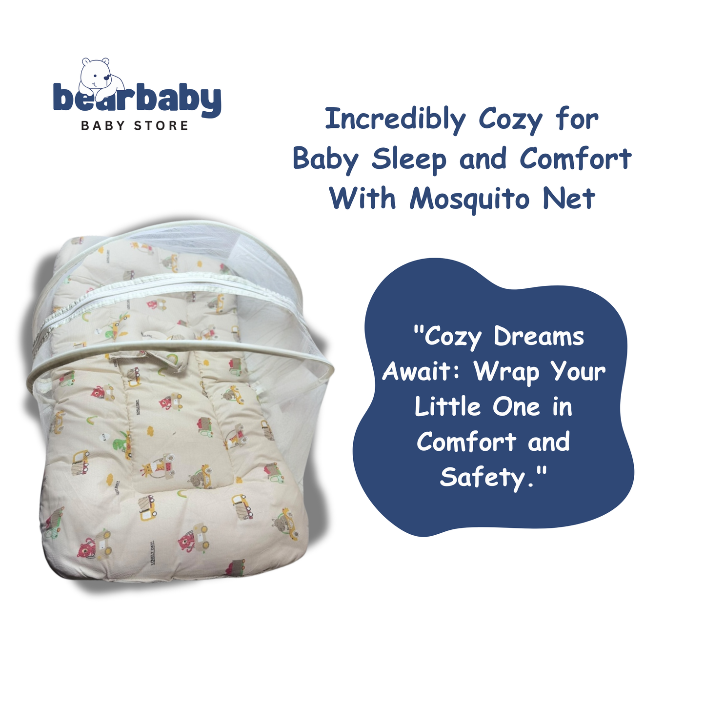 Baby Bed with Thick Mattress & Mosquito Net & Neck Pillowwith Zip Closure-Animal Print