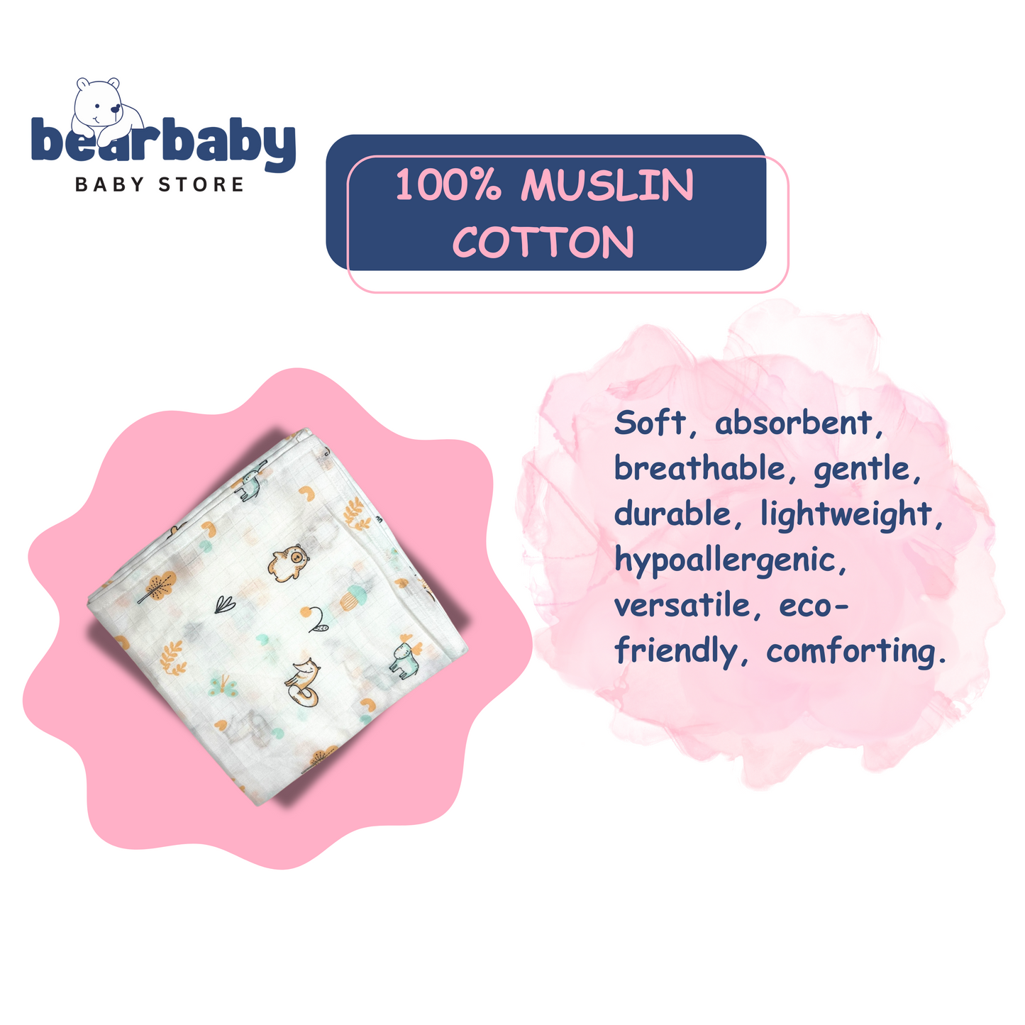 Muslin Soft Cotton Swaddle/Baby Wrapper-Size 100cm*100cm-Combo Pack of 3-Assorted Prints3