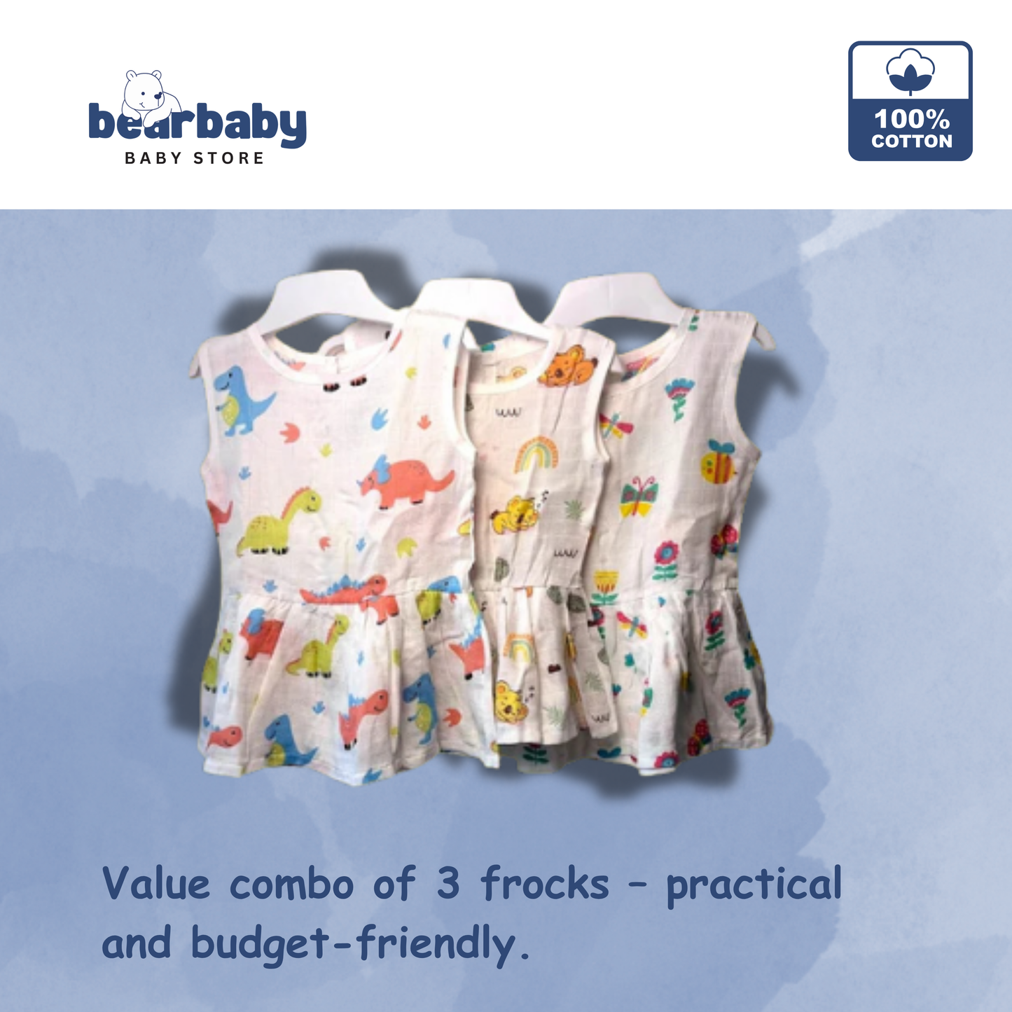 Baby Girl Organic Cotton Sleeveless Frock-Size6M-12M-Combo Pack of 3-Assorted Prints 1