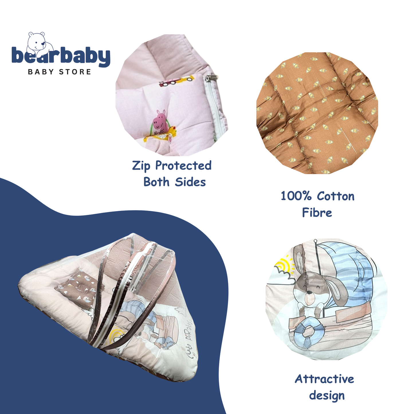 Baby Bed with Thick Mattress & Mosquito Net & Neck Pillowwith Zip Closure-Back to School