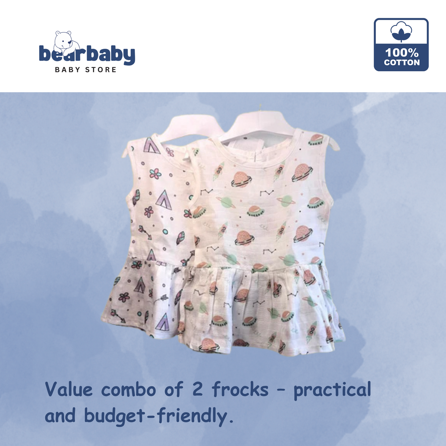 Baby Girl Organic Cotton Sleeveless Frock-Size6M-12M-Combo Pack of 2-Assorted Prints 3