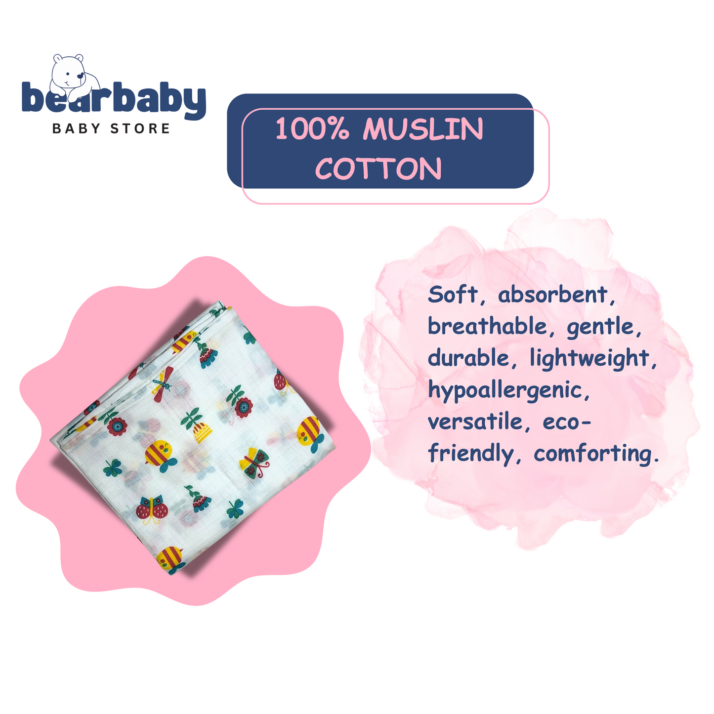 Muslin Soft Cotton Swaddle/Baby Wrapper-Size 100cm*100cm-Combo Pack of 3-Assorted Prints5