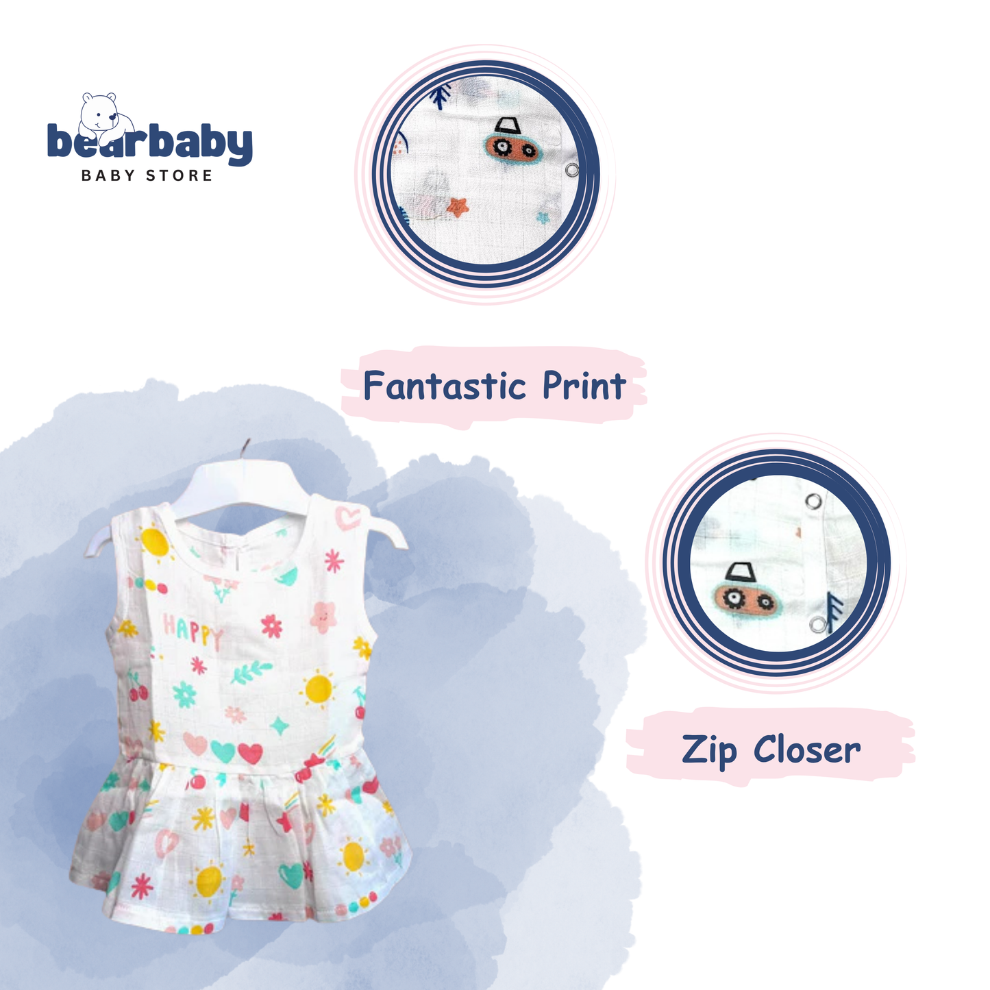 Baby Girl Organic Cotton Sleeveless Frock-Size(3M-6M)-Pack of 3-Assorted Prints 5