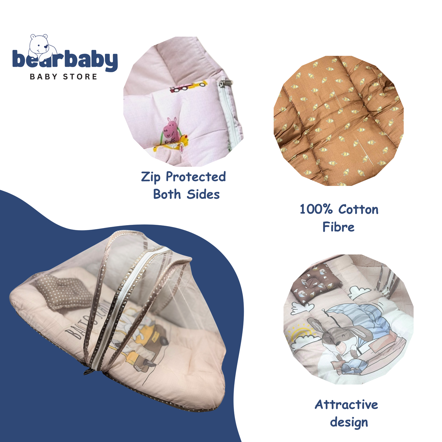 Baby Bed with Thick Mattress & Mosquito Net & Neck Pillowwith Zip Closure-Cute Pirates
