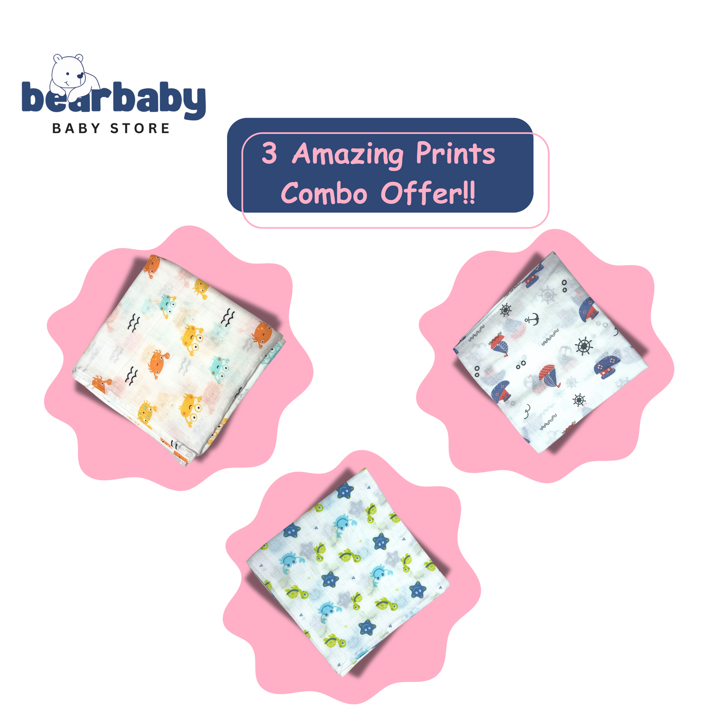 Muslin Soft Cotton Swaddle/Baby Wrapper-Size 100cm*100cm-Combo Pack of 3-Assorted Prints1