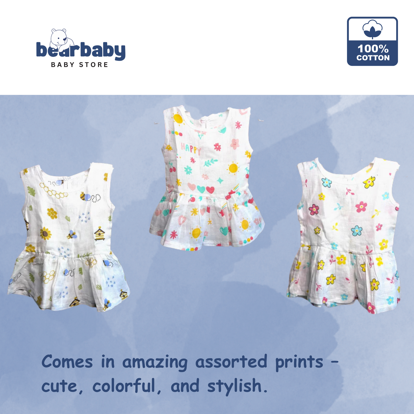 Baby Girl Organic Cotton Sleeveless Frock-Size(3M-6M)-Pack of 3-Assorted Prints 3