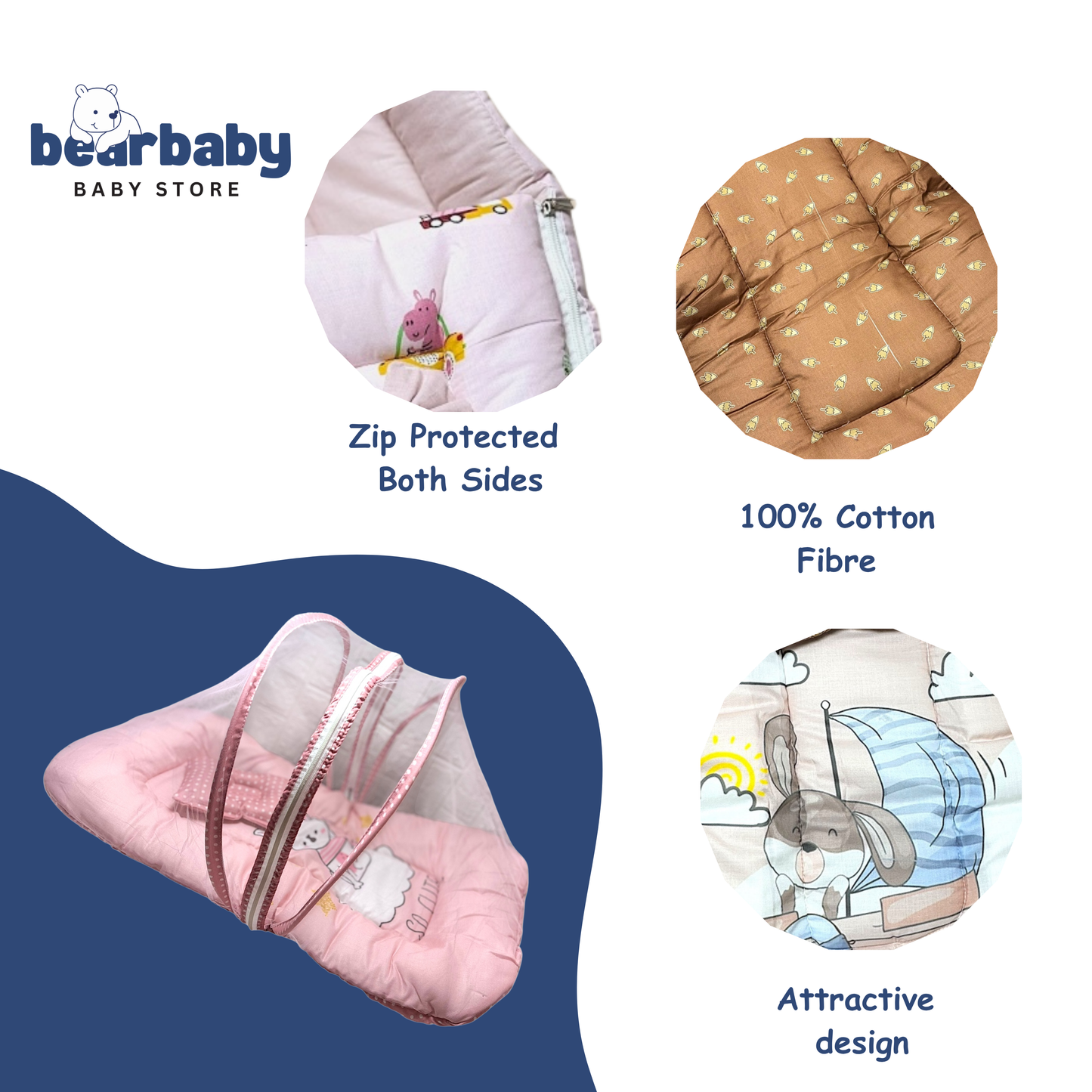 Baby Bed with Thick Mattress & Mosquito Net & Neck Pillowwith Zip Closure-Penguin Hello Winter