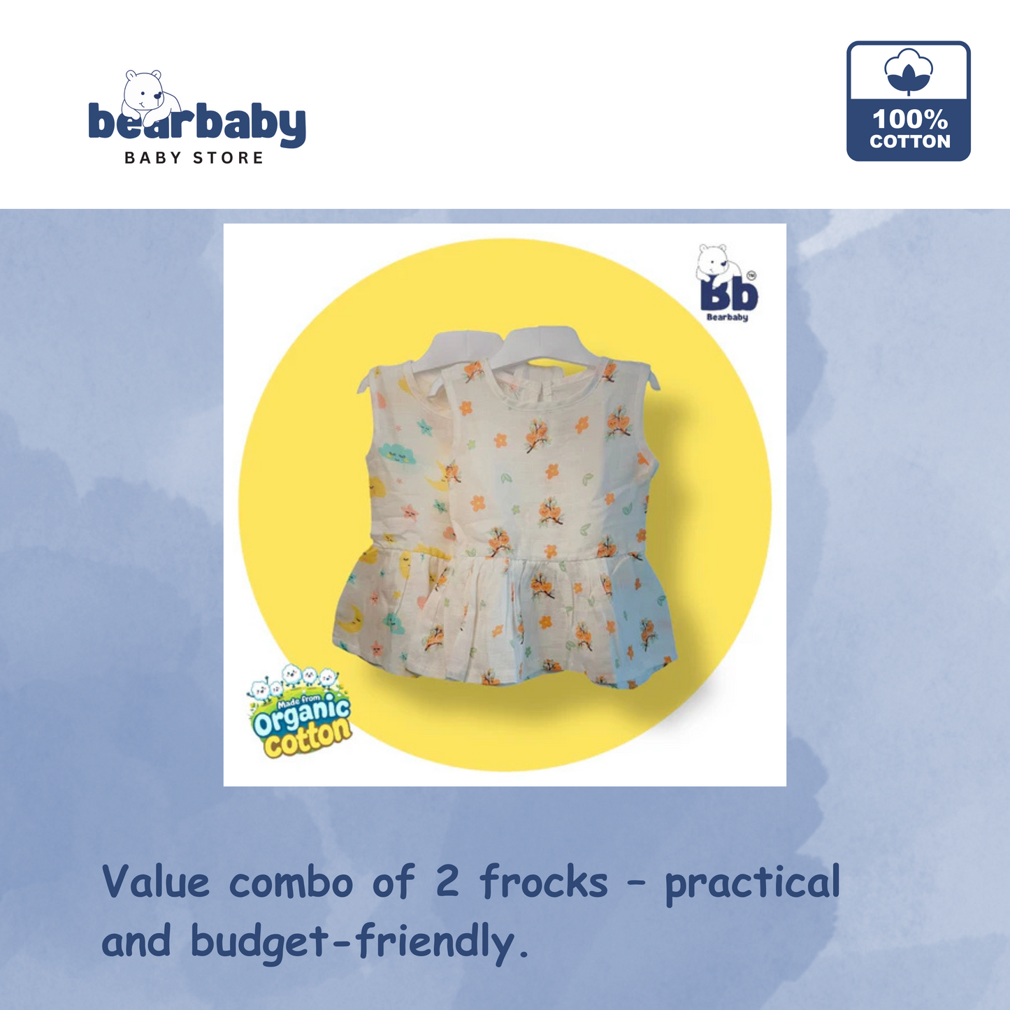 Baby Girl Organic Cotton Sleeveless Frock-Size6M-12M-Combo Pack of 2-Assorted Prints 5