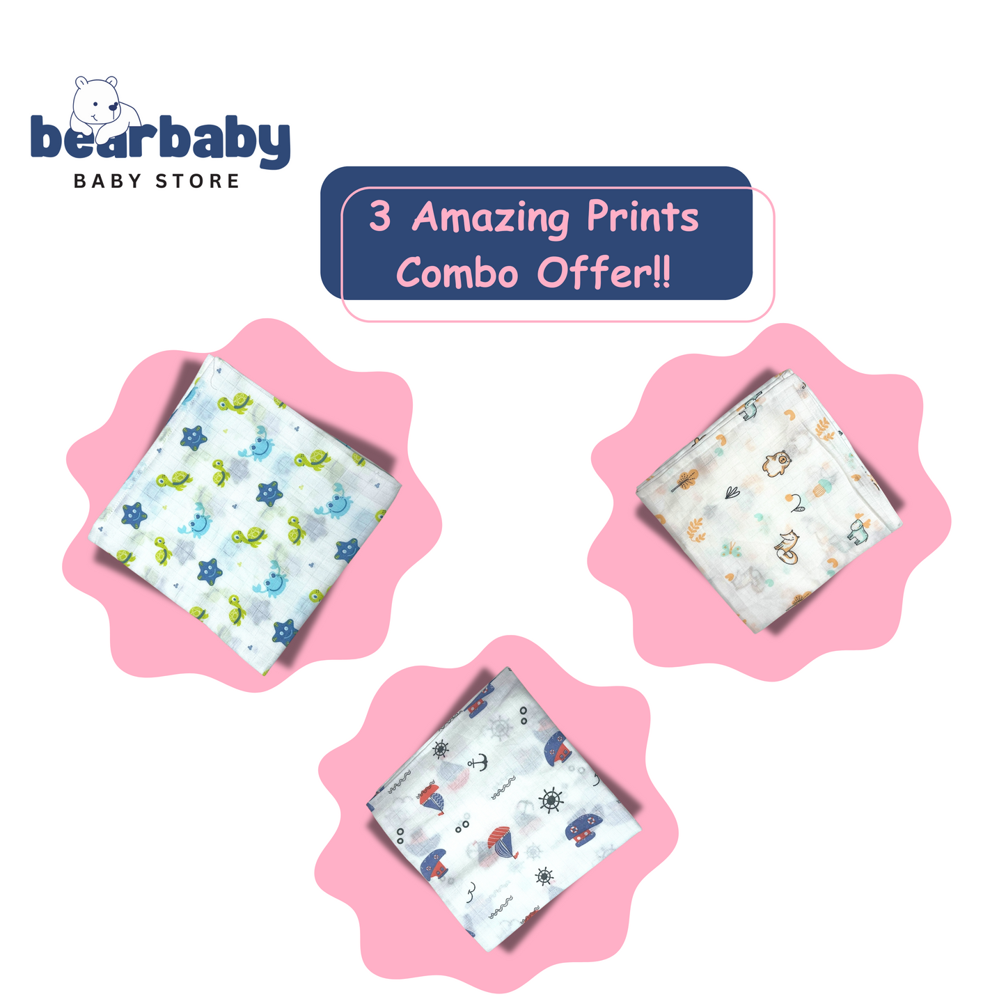 Muslin Soft Cotton Swaddle/Baby Wrapper-Size 100cm*100cm-Combo Pack of 3-Assorted Prints2