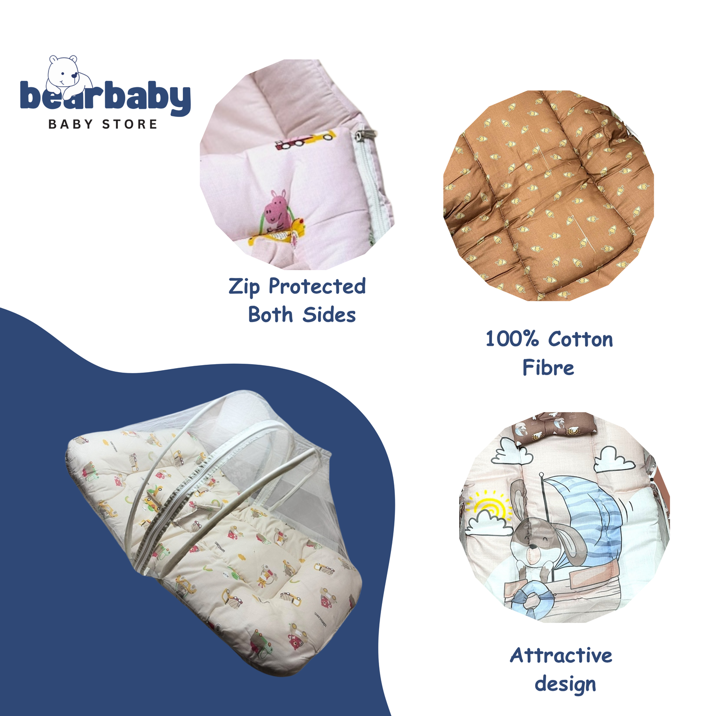 Baby Bed with Thick Mattress & Mosquito Net & Neck Pillowwith Zip Closure-Animal Print