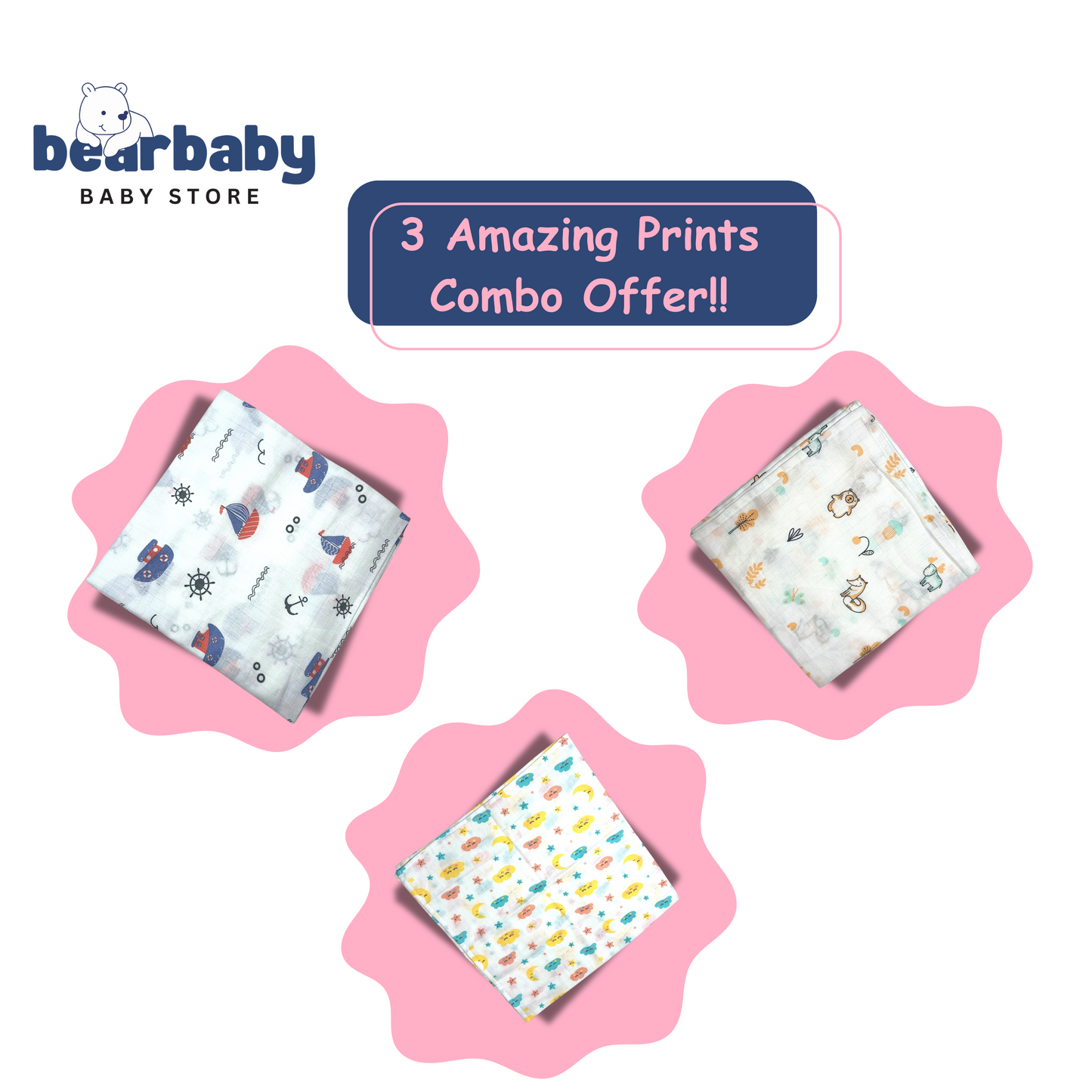 Muslin Soft Cotton Swaddle/Baby Wrapper-Size 100cm*100cm-Combo Pack of 3-Assorted Prints3