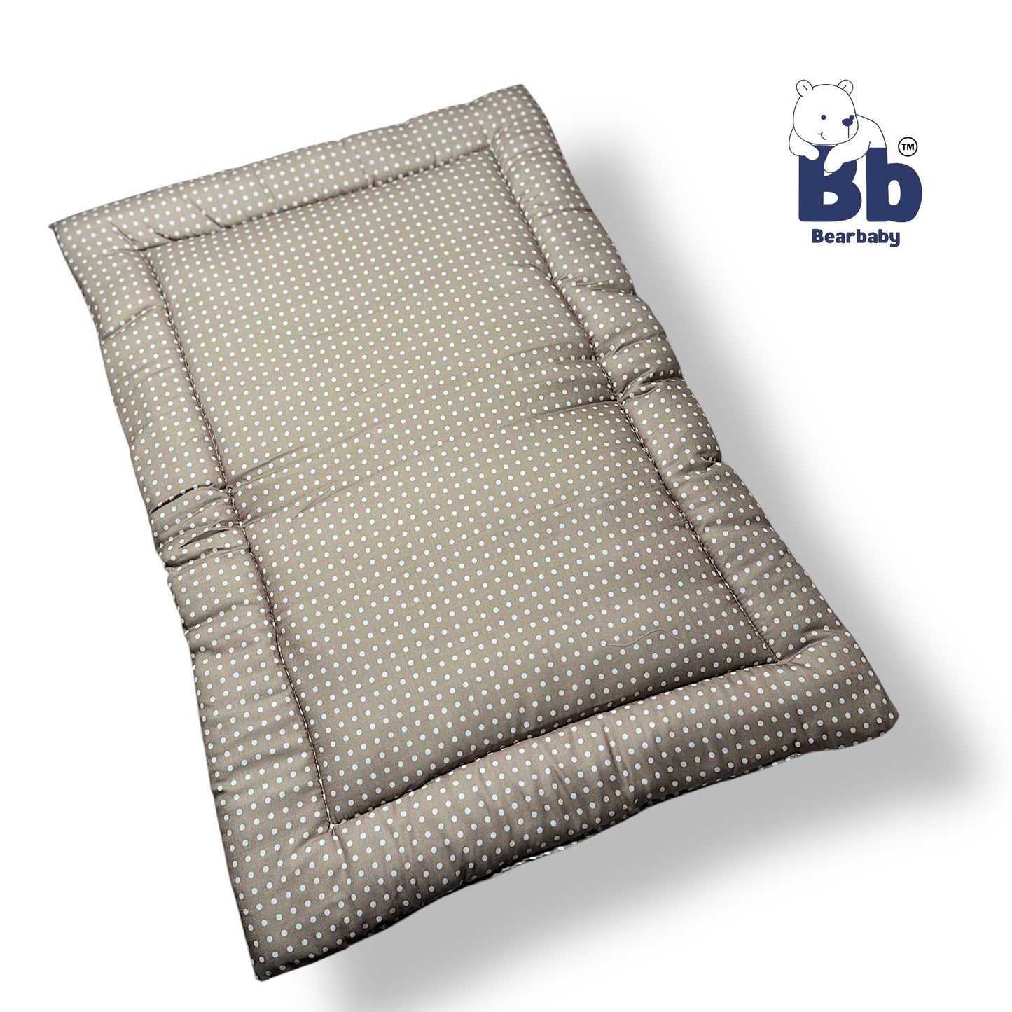 BearBaby Premium Embroidery Cotton Bedding Set | Baby Mattress with Bolster Set & Free Pillow | Soft & Washable Newborn Bedding (0–12 Months) DARK BEIGE