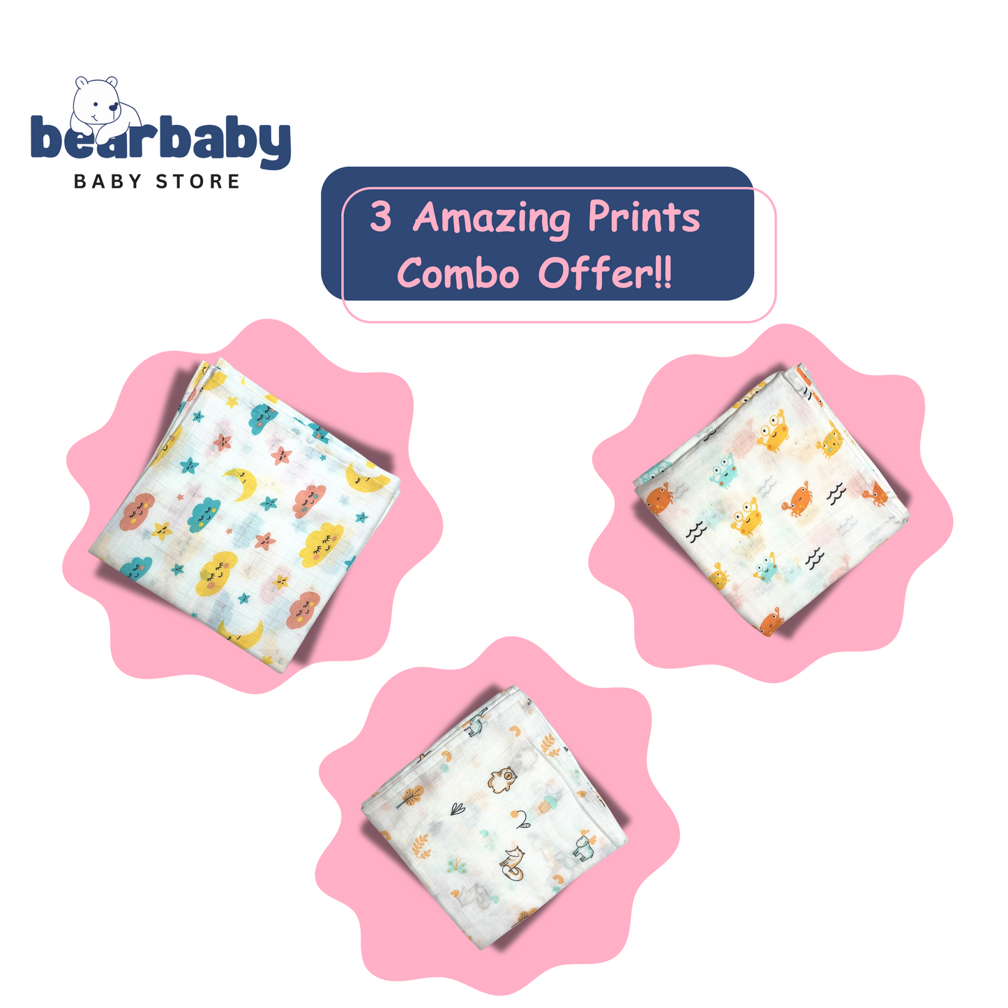 Muslin Soft Cotton Swaddle/Baby Wrapper-Size 100cm*100cm-Combo Pack of 3-Assorted Prints4
