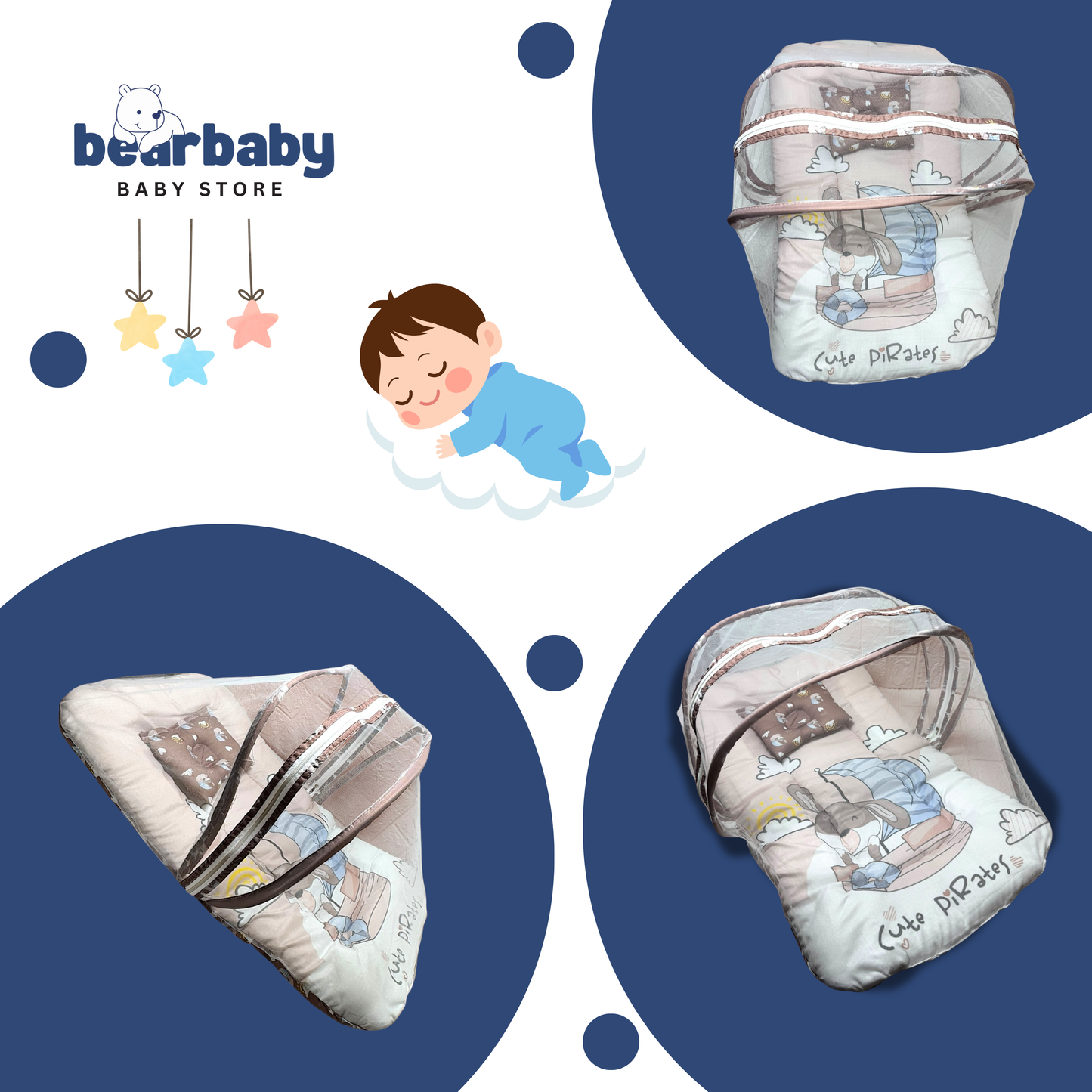 Baby Bed with Thick Mattress & Mosquito Net & Neck Pillowwith Zip Closure-Back to School