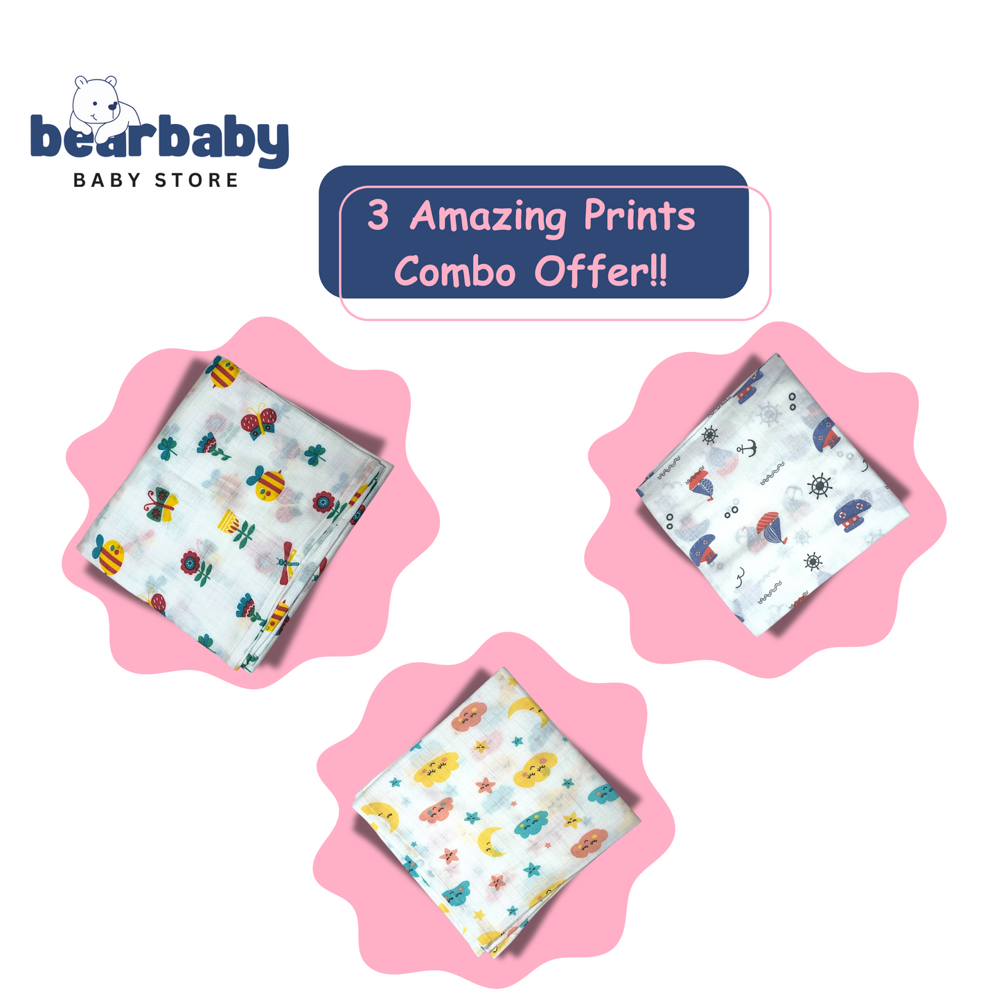 Muslin Soft Cotton Swaddle/Baby Wrapper-Size 100cm*100cm-Combo Pack of 3-Assorted Prints5