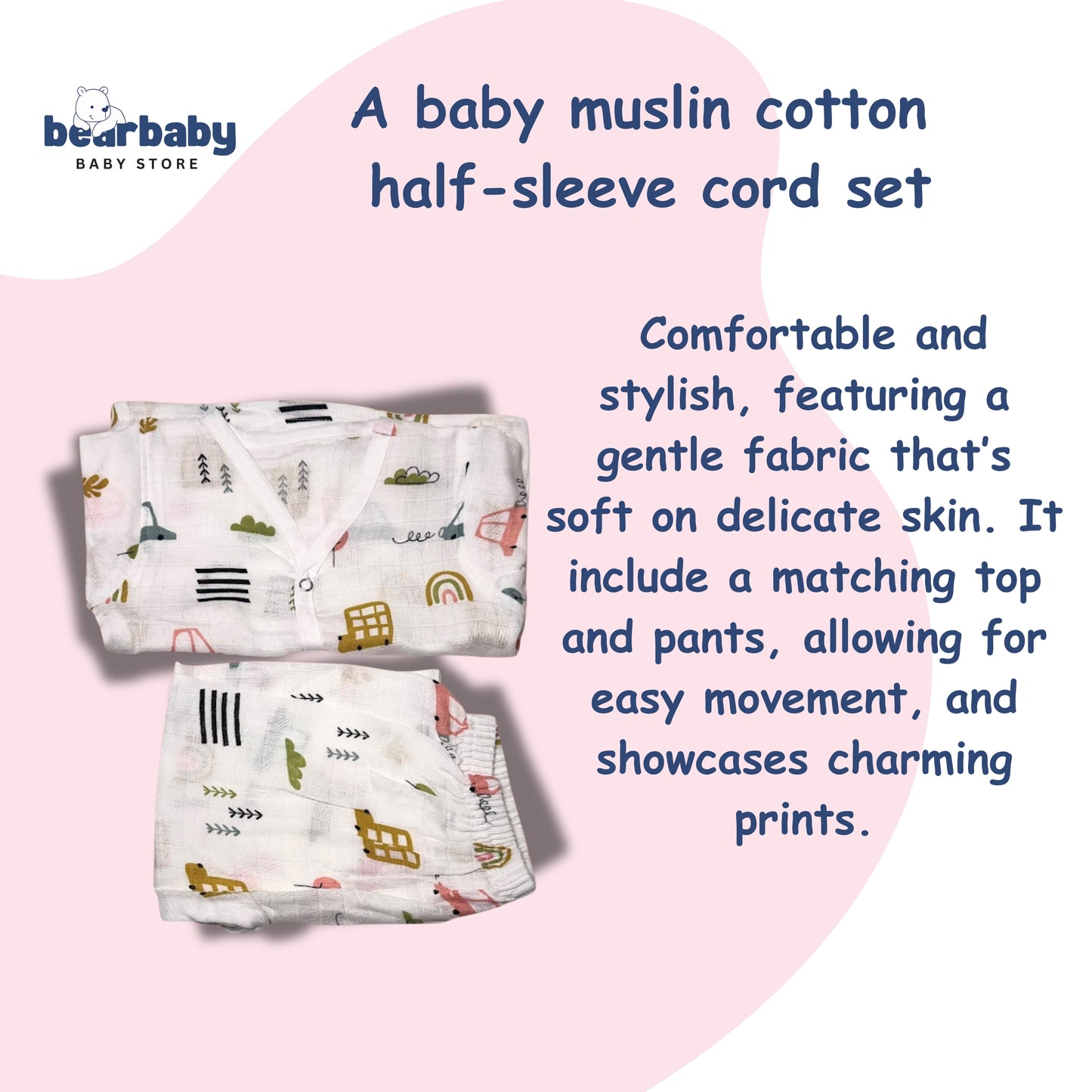 Baby Unisex Organic Cotton Muslin Full Sleeves Jhabla & Payjama Set - Size 6m-9m-Car Print