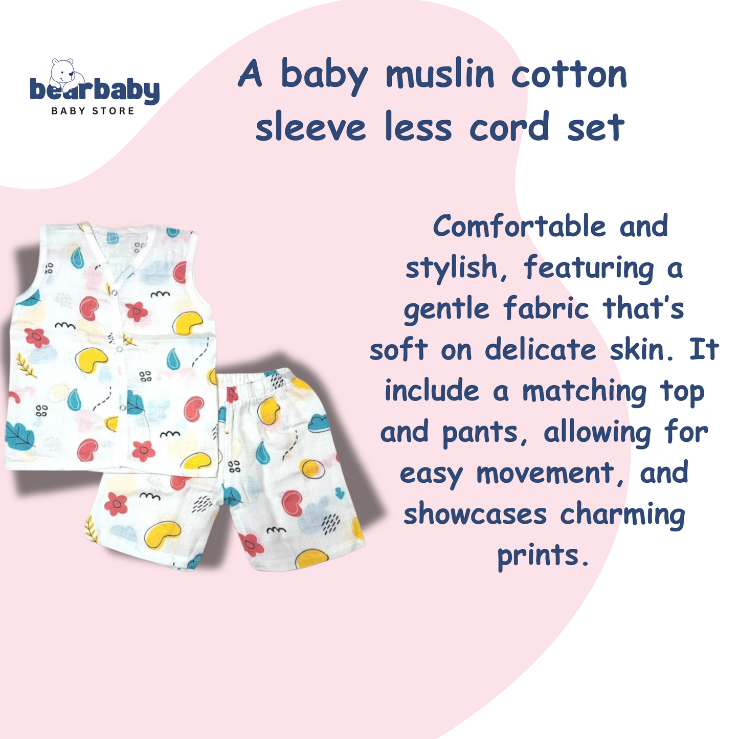 Baby Unisex Organic Cotton Muslin Sleevless Jhabla & Payjama Set - Size 9m-12m-Star Print