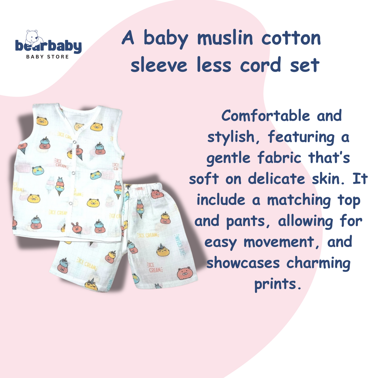 Baby Unisex Organic Cotton Muslin Sleevless Jhabla & Payjama Set - Size 9m-12m-Ice Cream Print