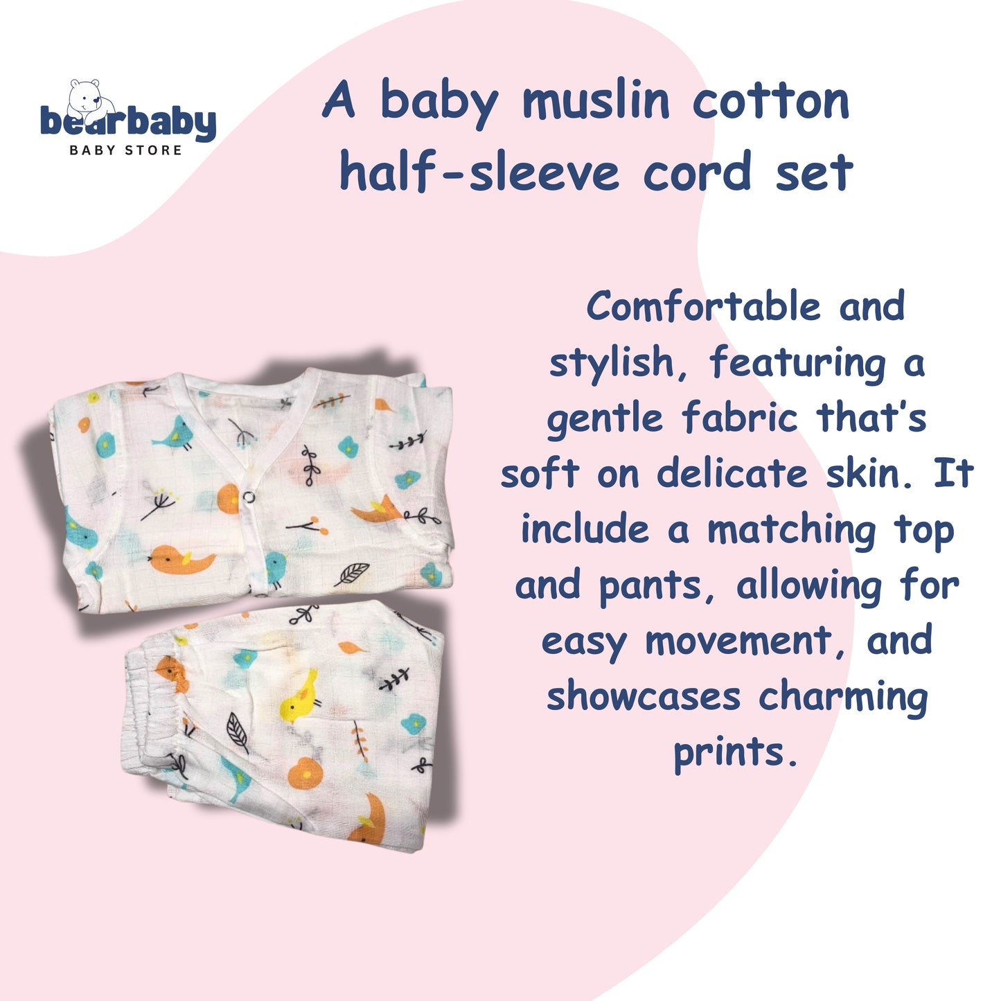 Baby Unisex Organic Cotton Muslin Full Sleeves Jhabla & Payjama Set - Size 9m-12m-Bird Print