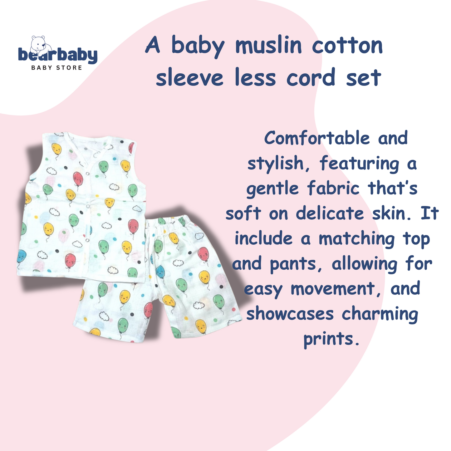 Baby Unisex Organic Cotton Muslin Sleevless Jhabla & Payjama Set - Size 9m-12m-Balloon Print
