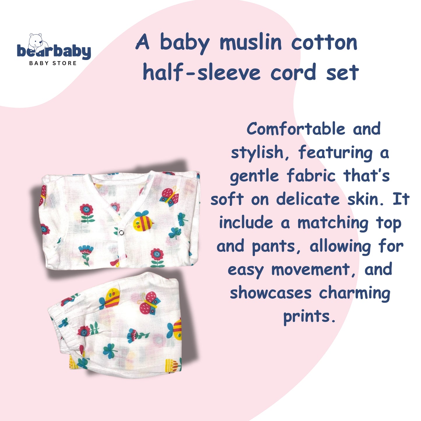 Baby Unisex Organic Cotton Muslin Full Sleeves Jhabla & Payjama Set - Size 6m-9m-Bee Print