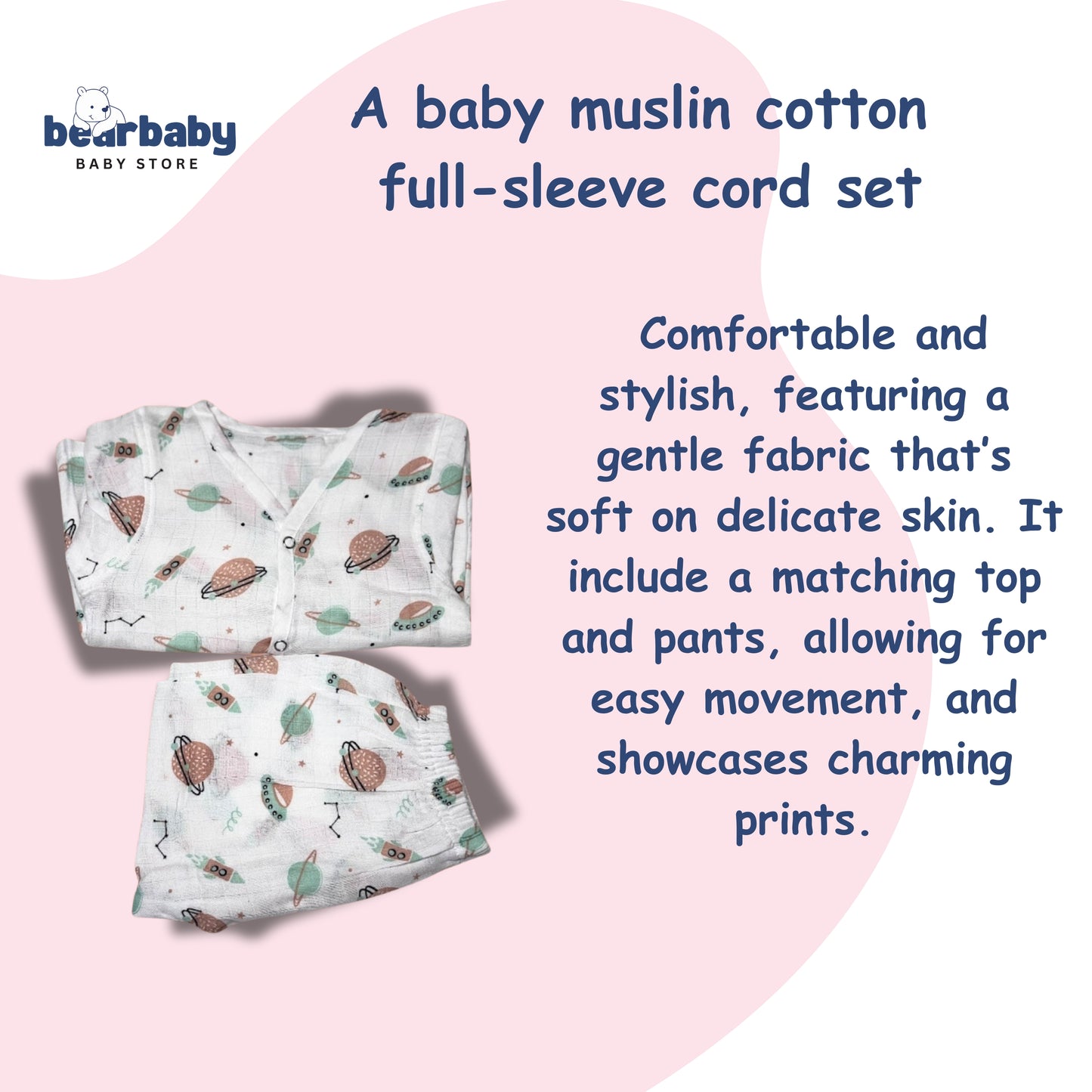 Baby Unisex Organic Cotton Muslin Full Sleeves Jhabla & Payjama Set - Size 6m-9m-Print2