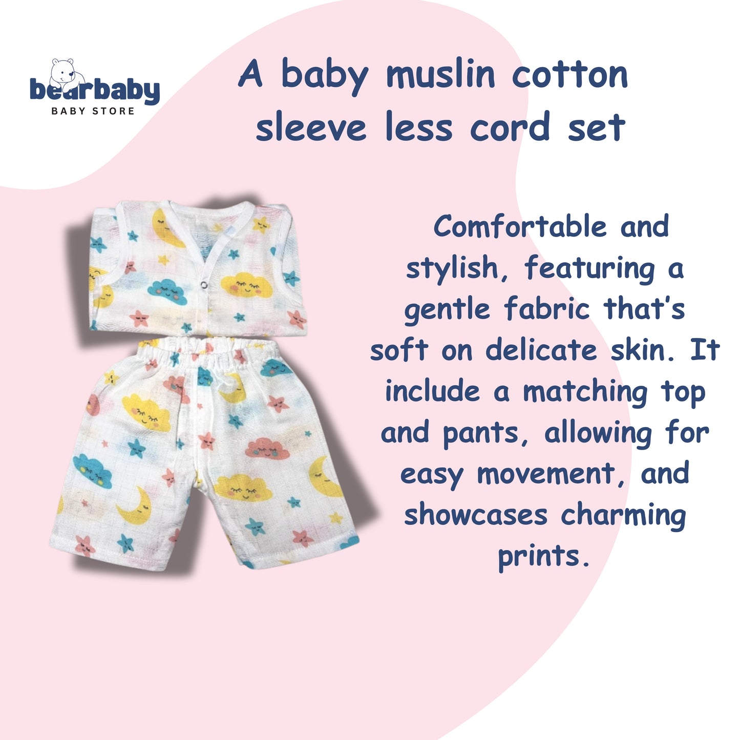 Baby Unisex Organic Cotton Muslin Sleevless Jhabla & Payjama Set - Size 3m-6m-cloud Print
